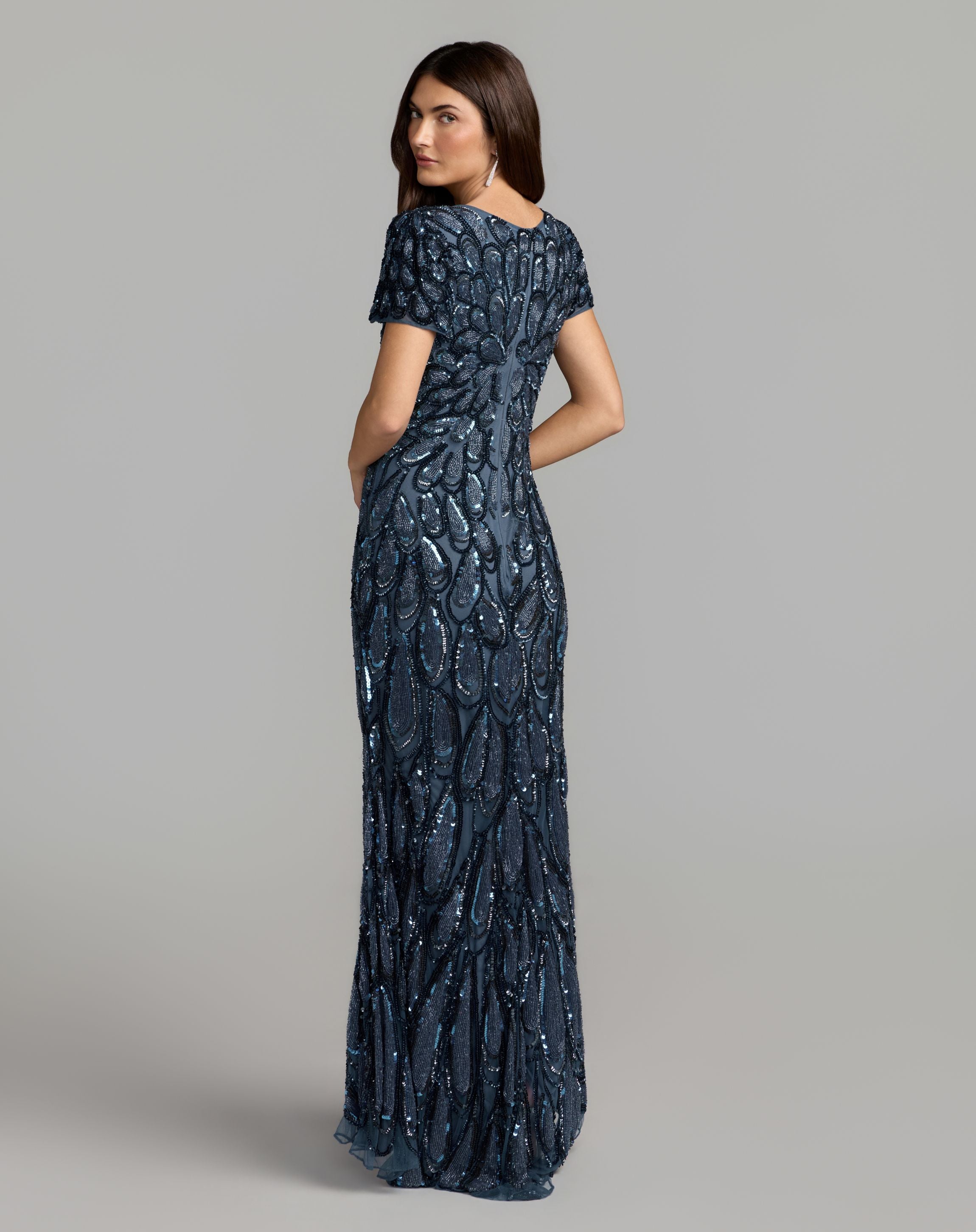Petite Blue Embellished Deep V Column Gown - Mac Duggal