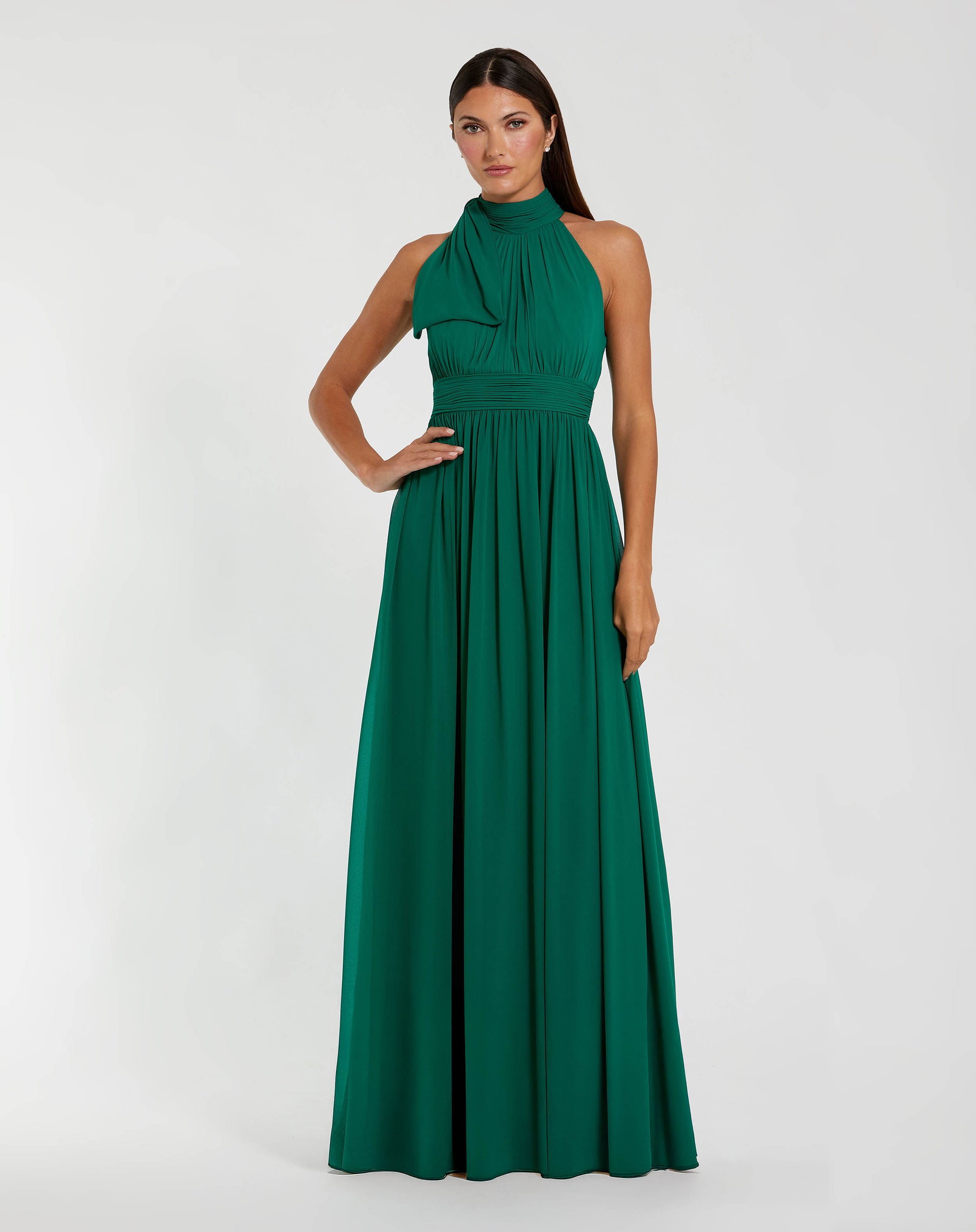 Petite Green A Line Gown with High Neckline