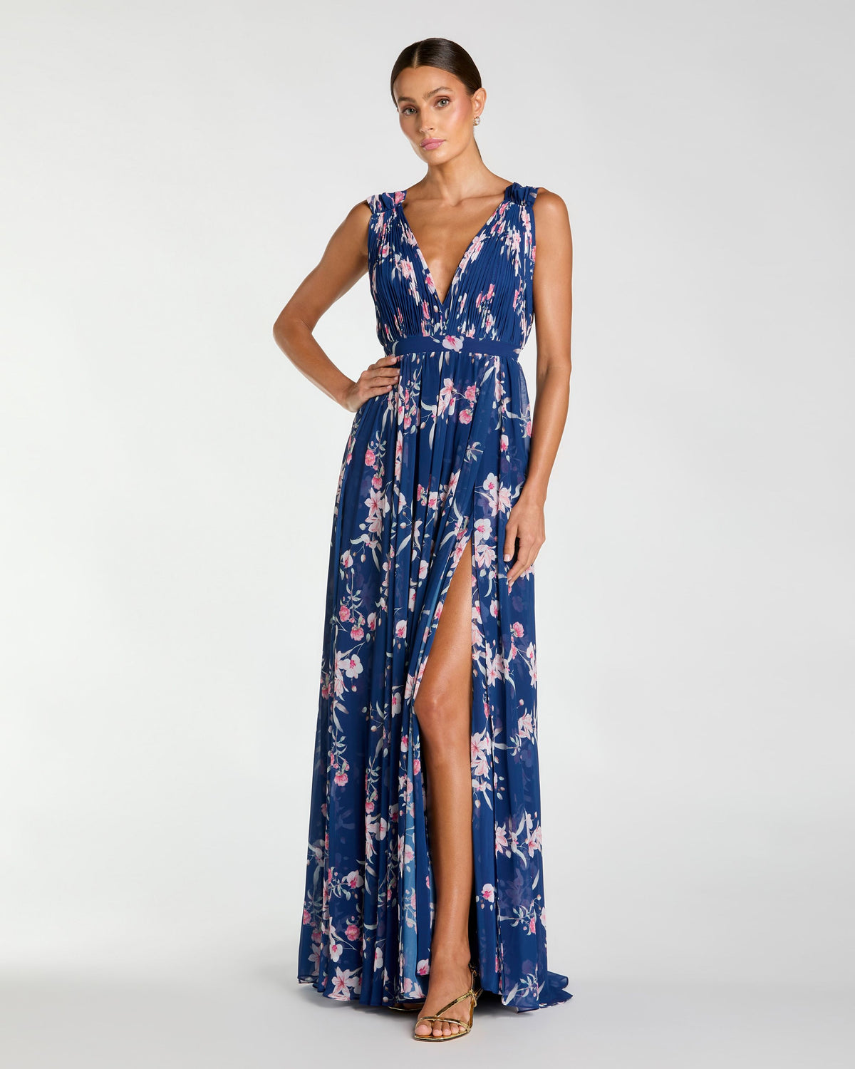 Petite Blue Multi Sleeveless Pleated Floral Print Chiffon V-Neck Gown - Ieena for Mac Duggal