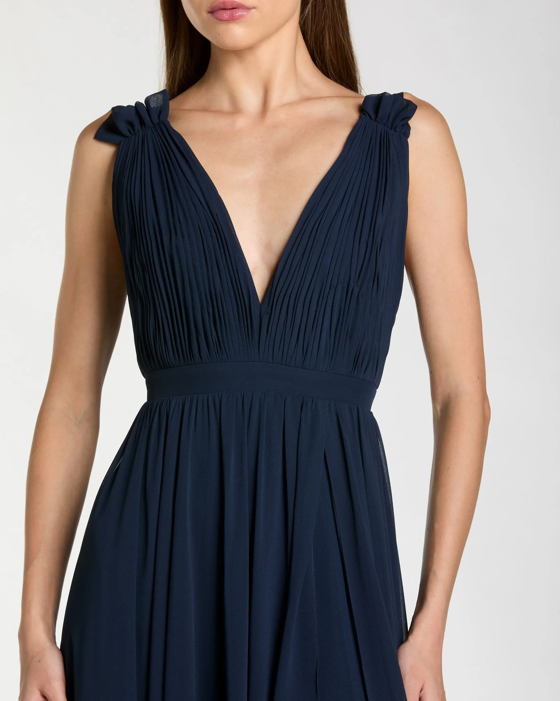 Petite Navy Pleated Chiffon Sleeveless V-Neck Gown Ieena for Mac Duggal