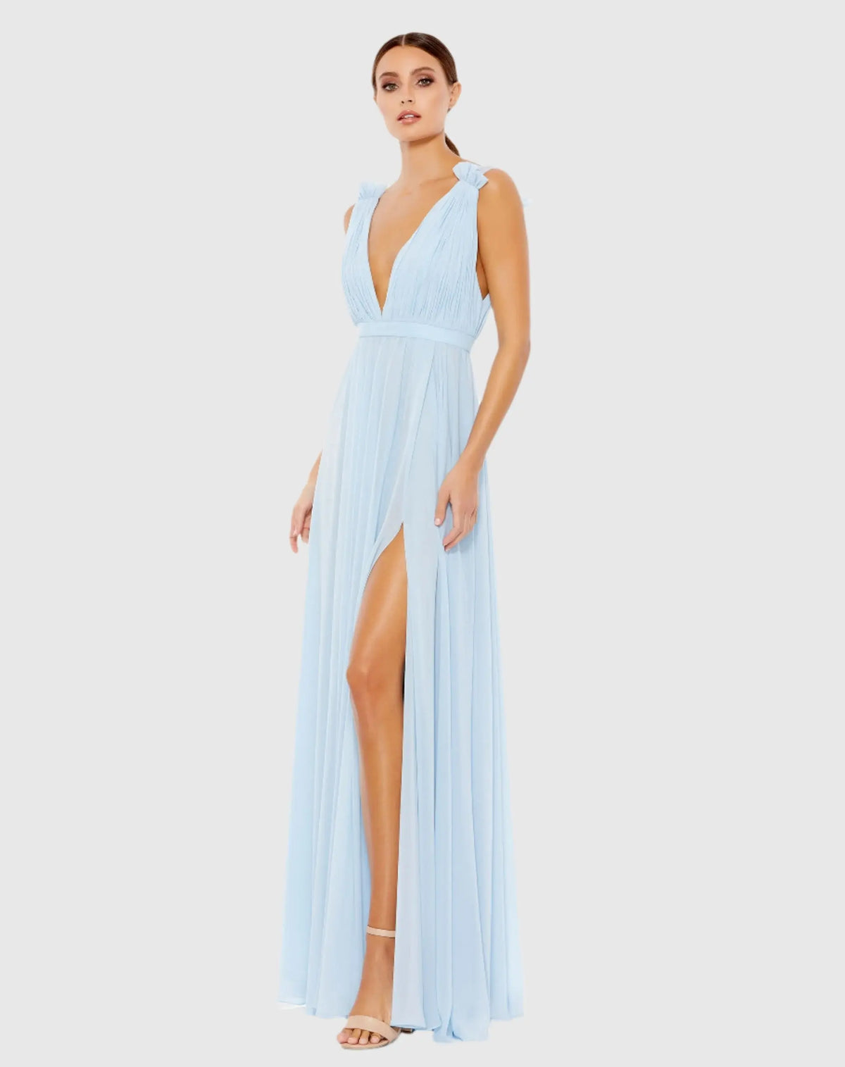 Petite Powder Blue Pleated Chiffon Sleeveless V-Neck Gown - Ieena for Mac Duggal