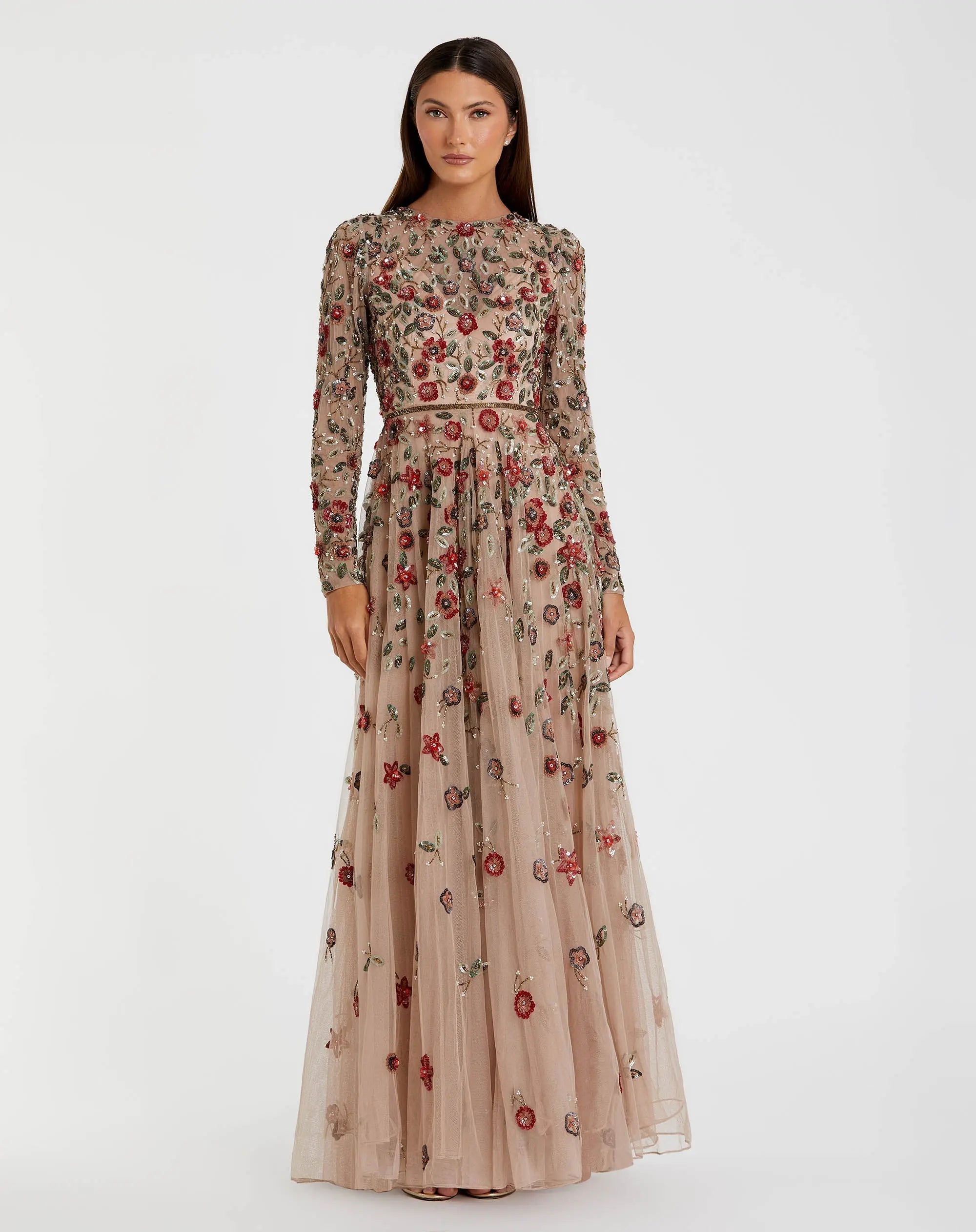 Petite Beige Embellished High Neck Long Sleeve A Line Gown - Mac Duggal