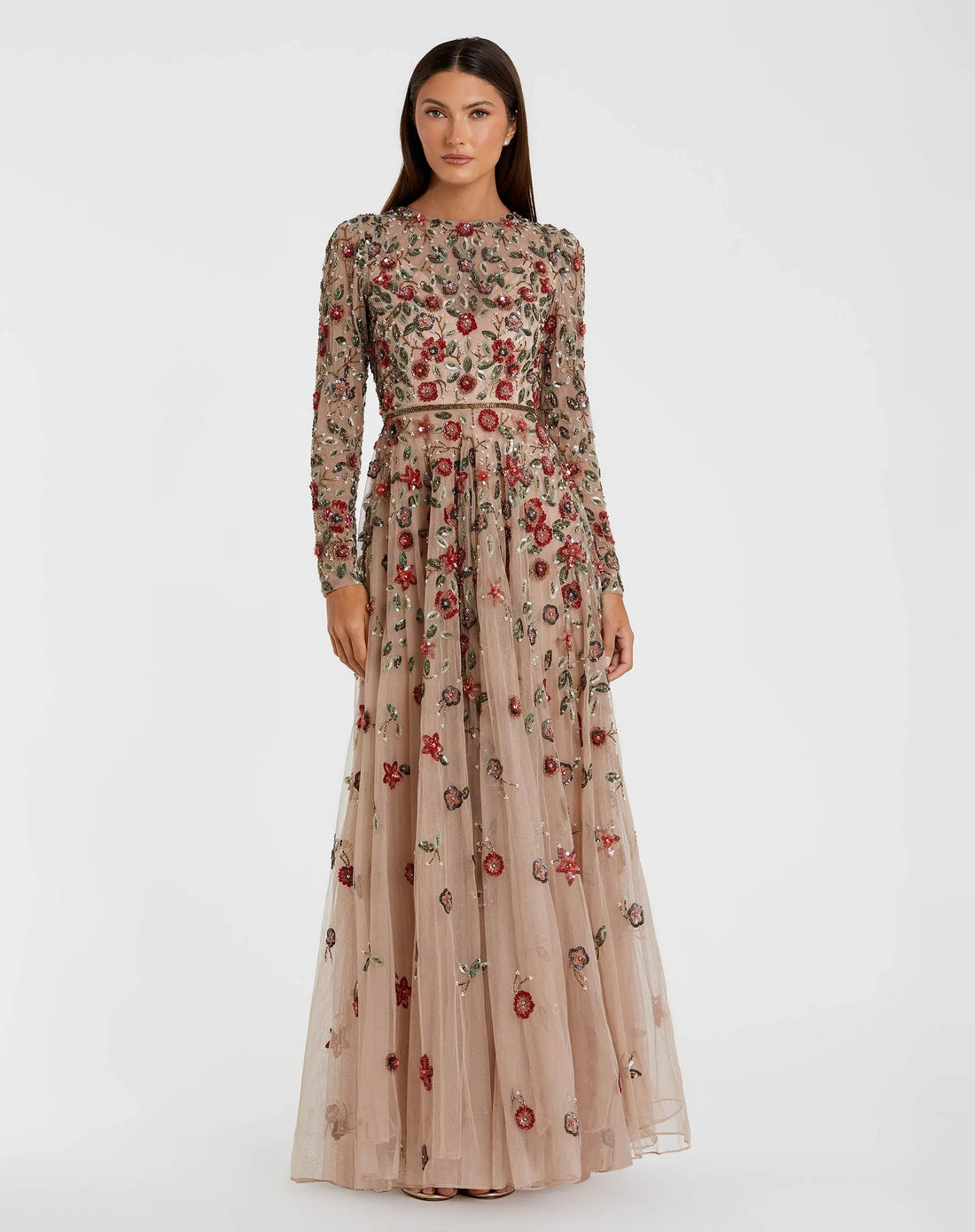 Petite Beige Embellished High Neck Long Sleeve A Line Gown - Mac Duggal