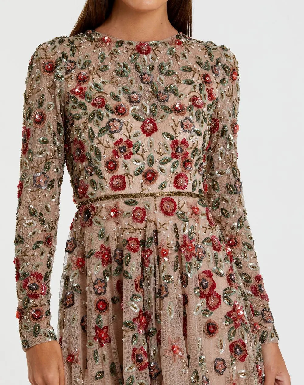 Petite Beige Embellished High Neck Long Sleeve A Line Gown - Mac Duggal