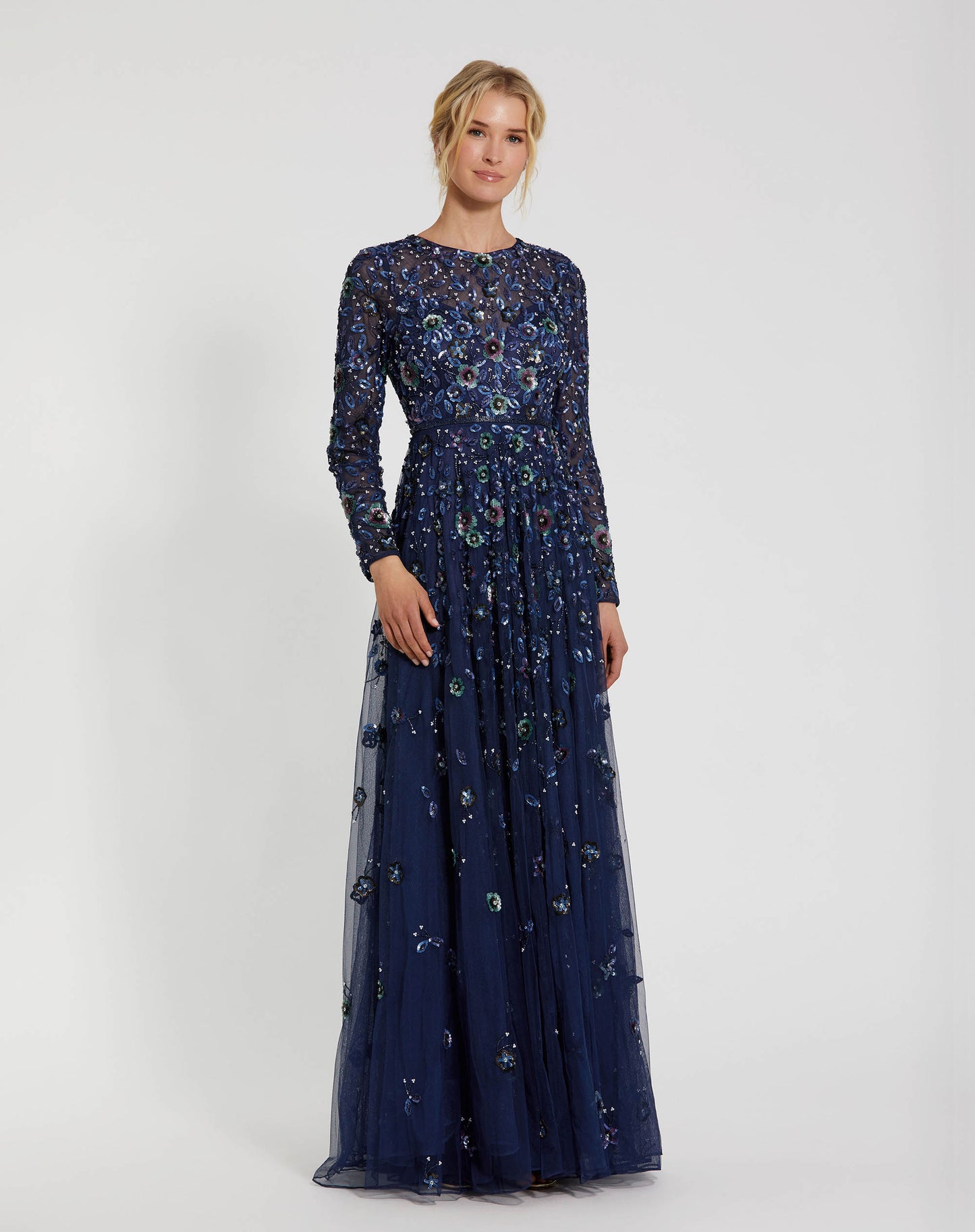 Petite Navy Embellished High Neck Long Sleeve A Line Gown - Mac Duggal