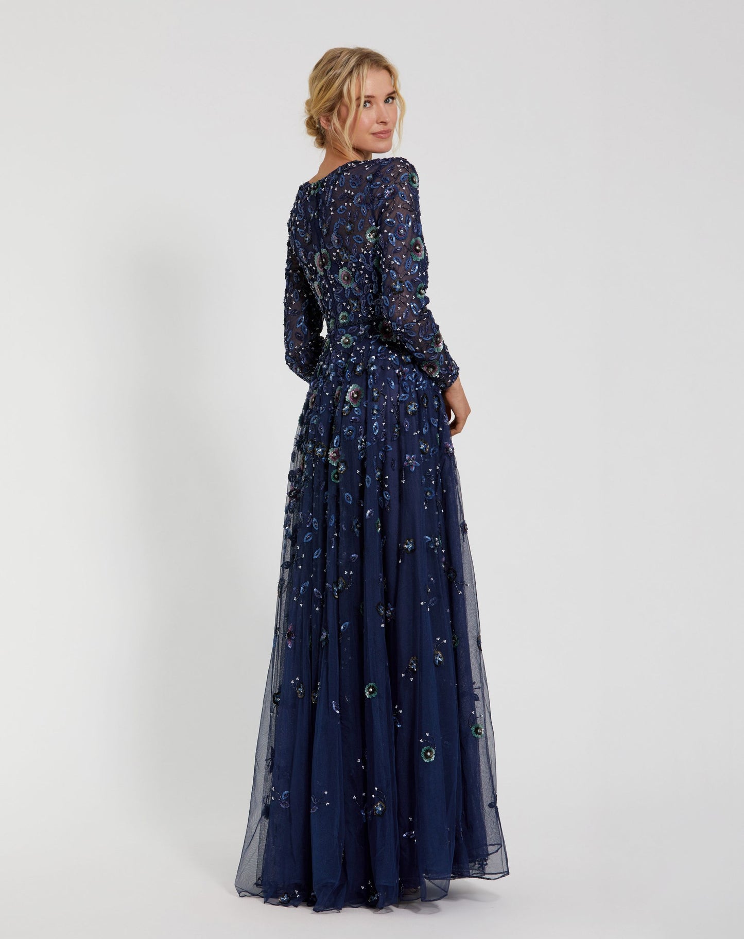 Petite Navy Embellished High Neck Long Sleeve A Line Gown - Mac Duggal