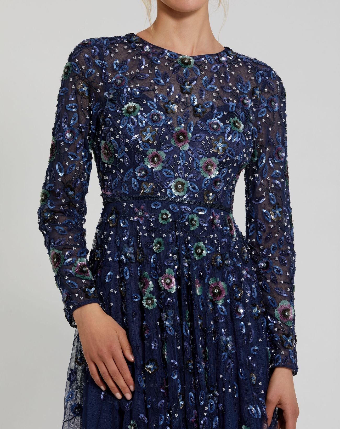 Petite Navy Embellished High Neck Long Sleeve A Line Gown - Mac Duggal