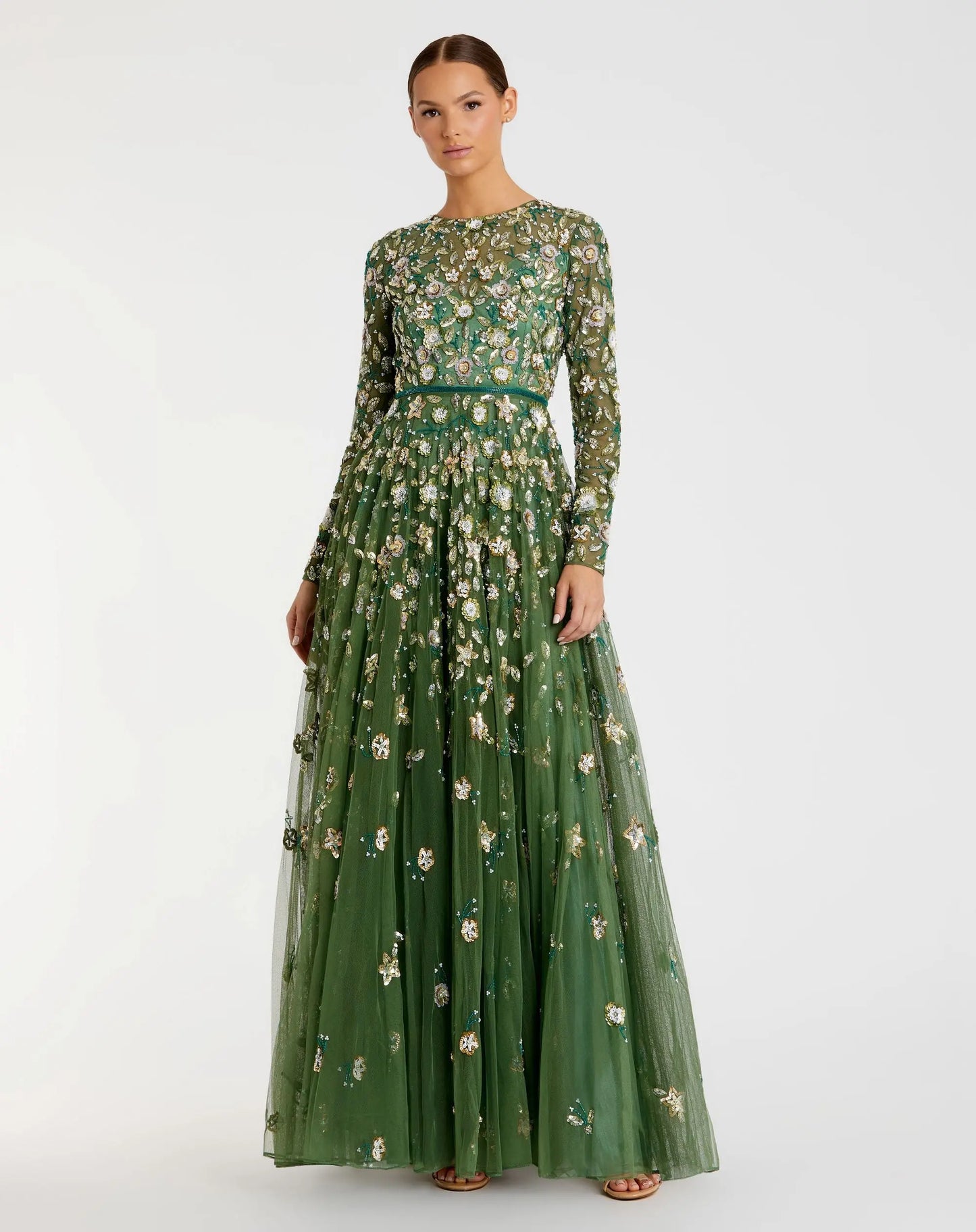 Petite Green Embellished High Neck Long Sleeve A Line Gown - Mac Duggal