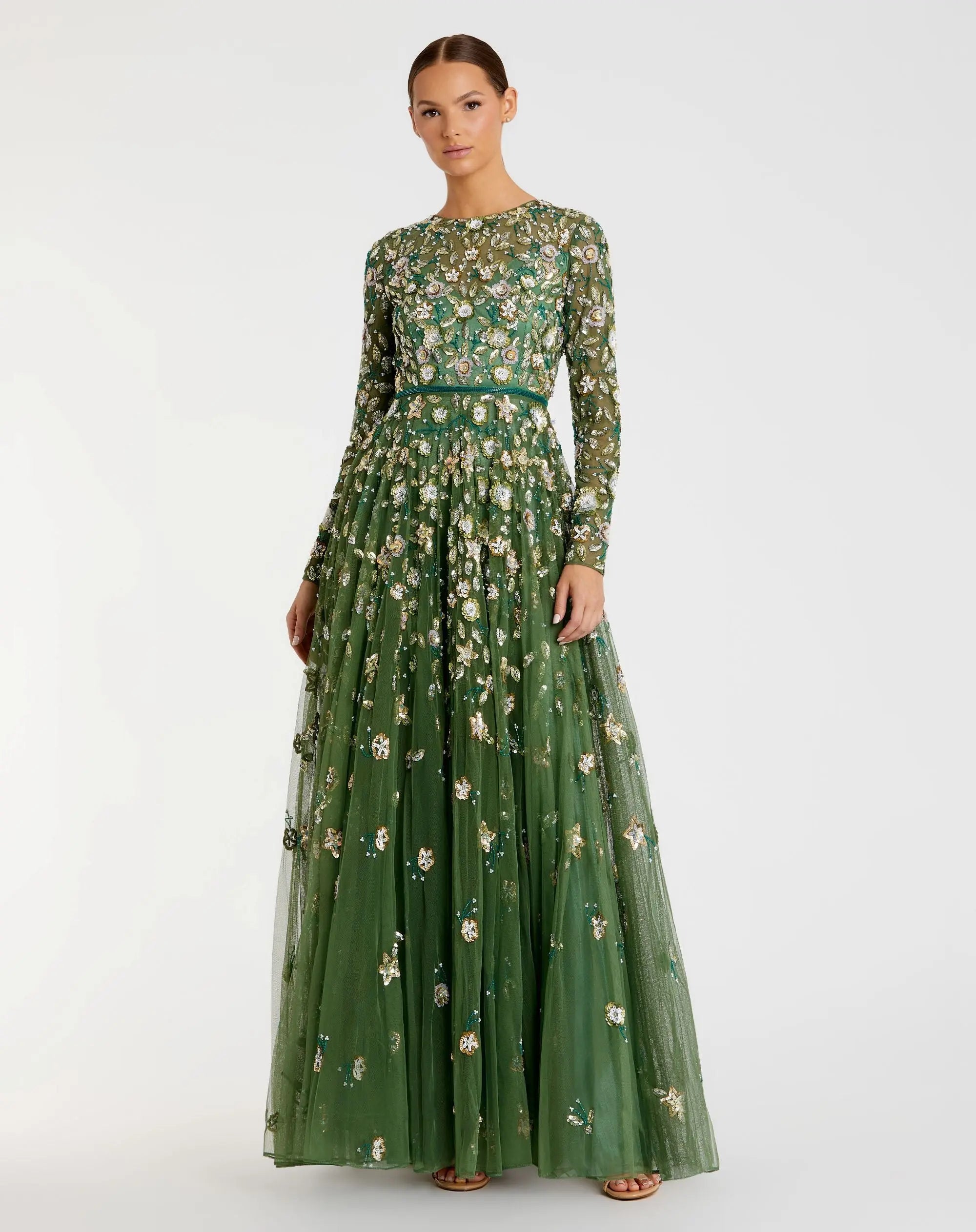 Petite Green Embellished High Neck Long Sleeve A Line Gown - Mac Duggal