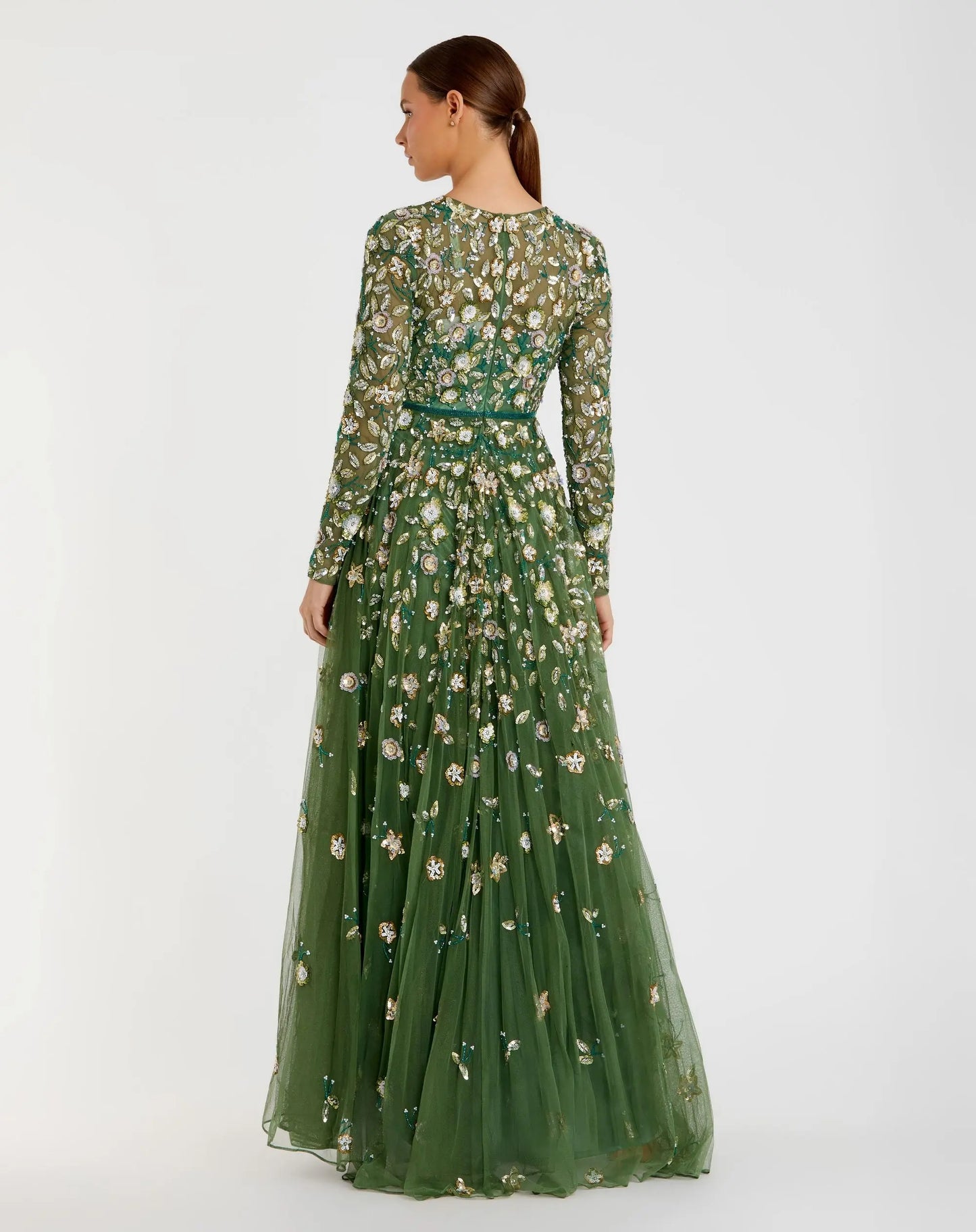 Petite Green Embellished High Neck Long Sleeve A Line Gown - Mac Duggal