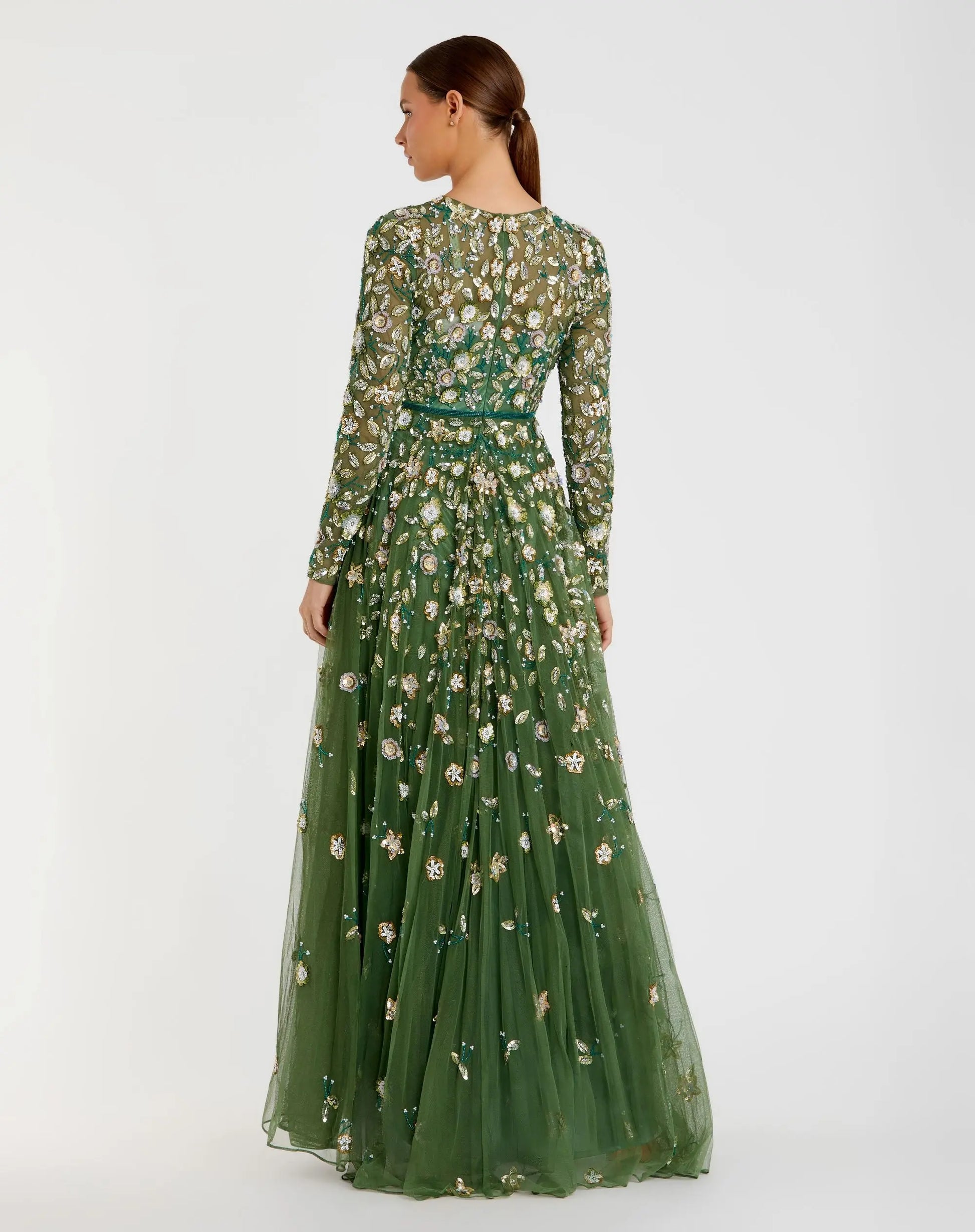 Petite Green Embellished High Neck Long Sleeve A Line Gown - Mac Duggal