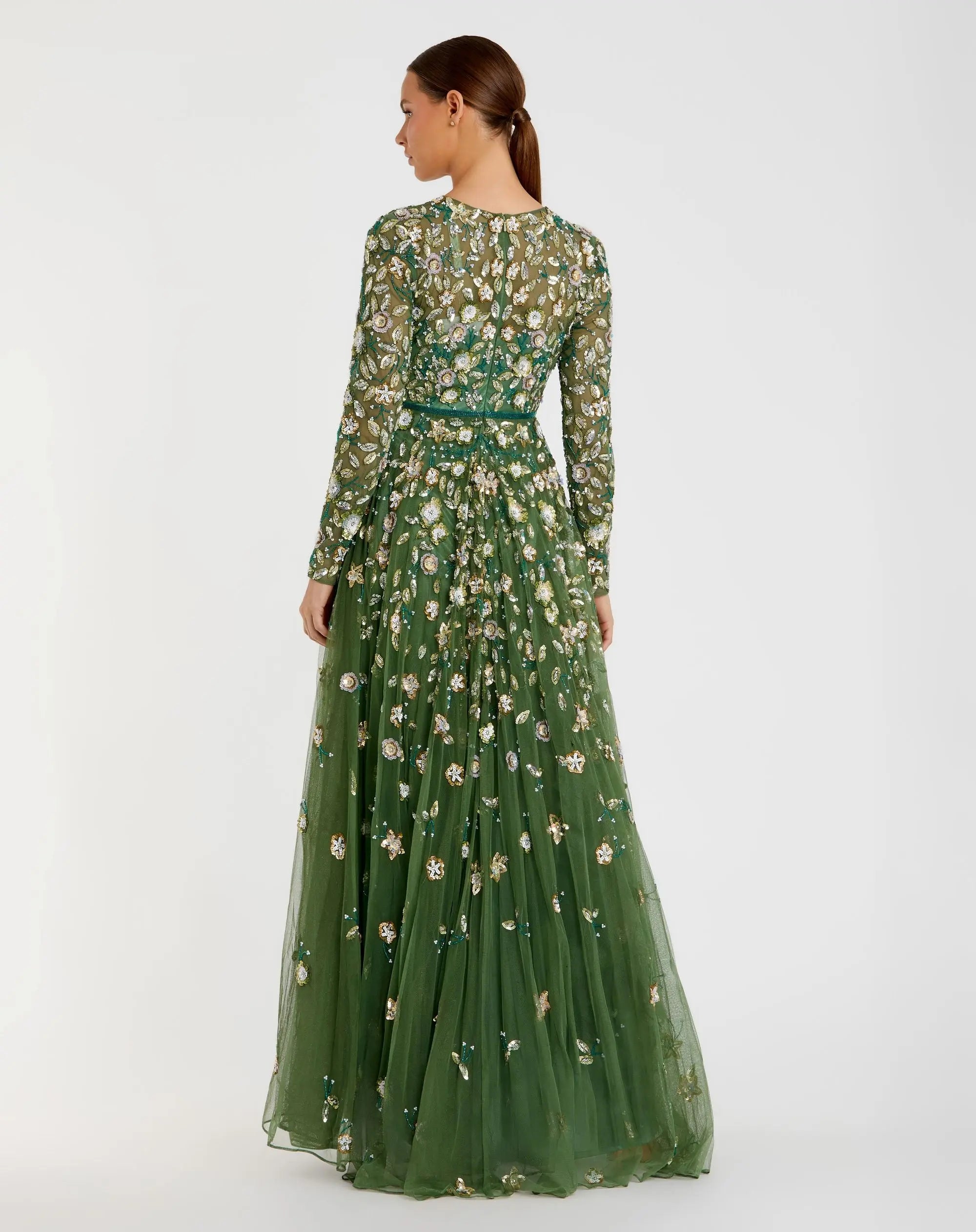 Petite Green Embellished High Neck Long Sleeve A Line Gown - Mac Duggal