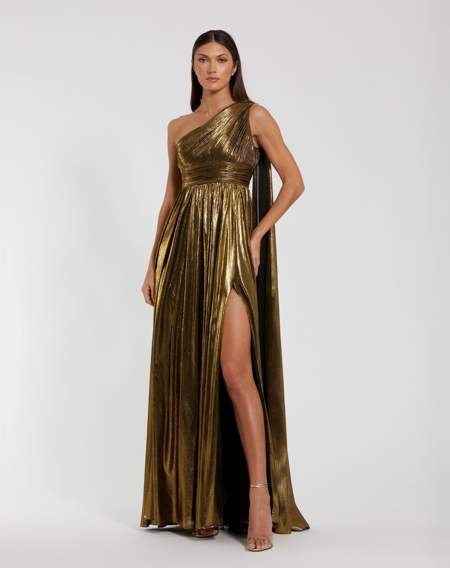Petite Gold Metallic One Shoulder Gown With Slit - Ieena for Mac Duggal