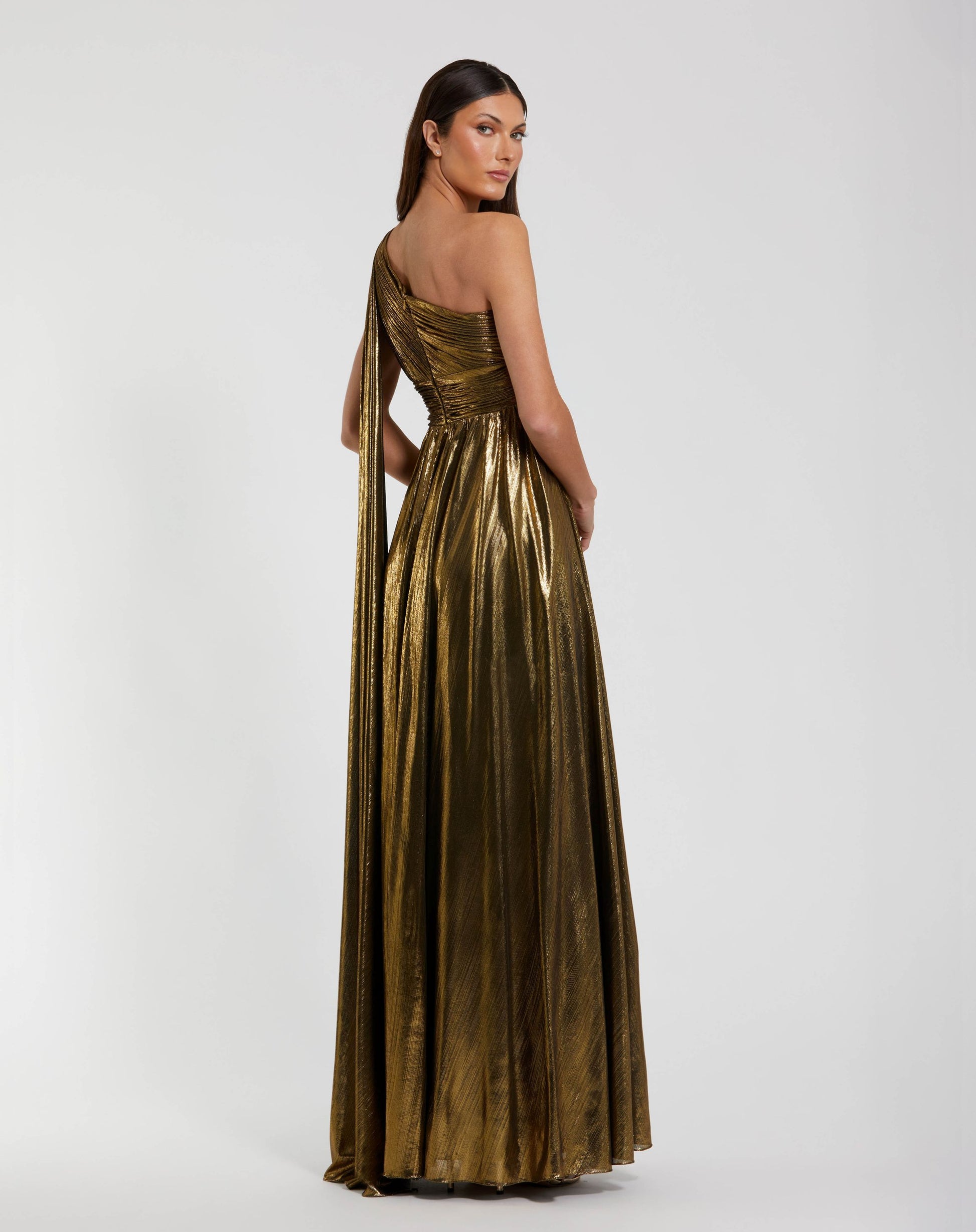 Petite Gold Metallic One Shoulder Gown With Slit