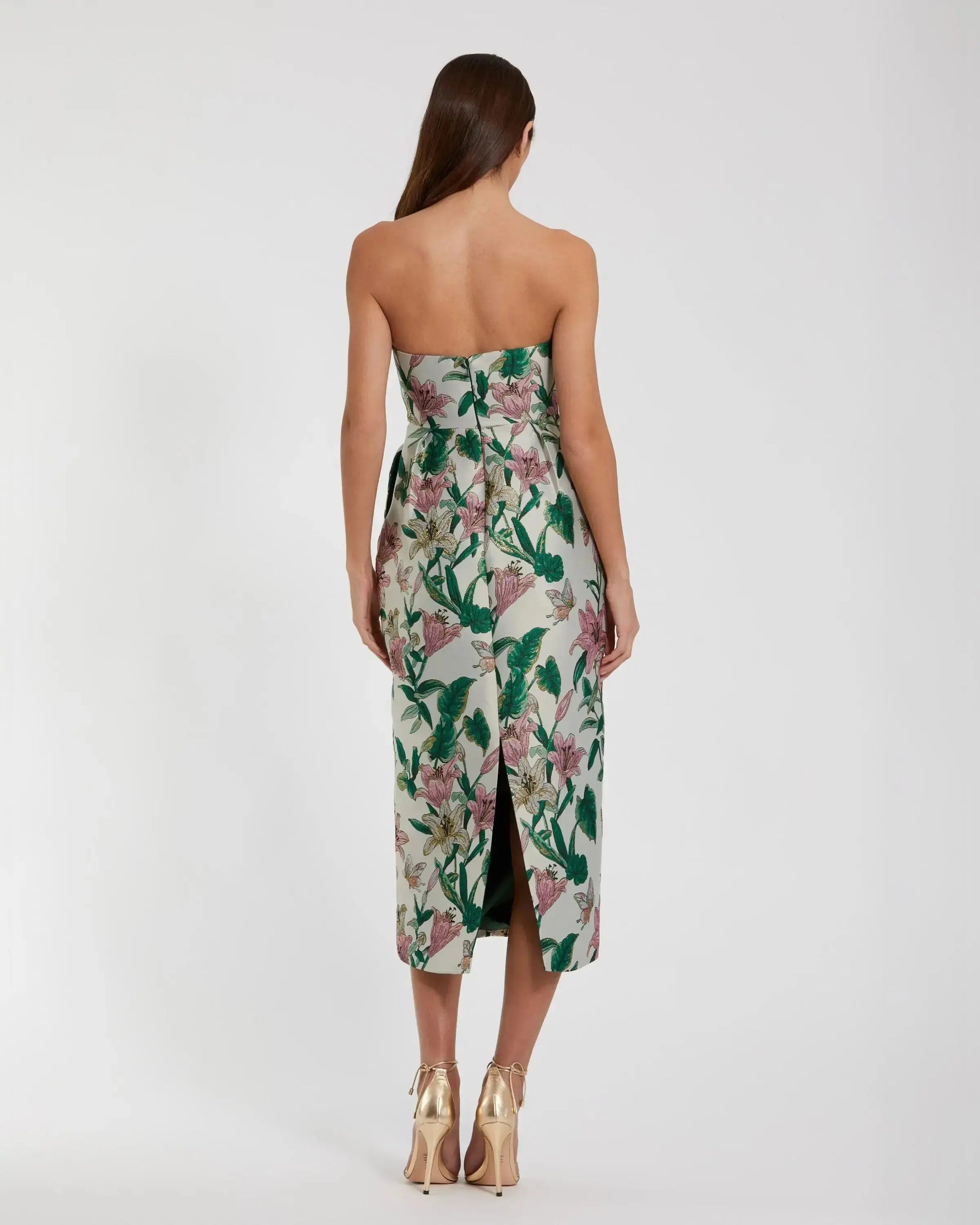 Petite Multicolor Floral Brocade Strapless Fitted Midi Dress Petite Multicolor Floral Brocade Strapless Fitted Midi Dress