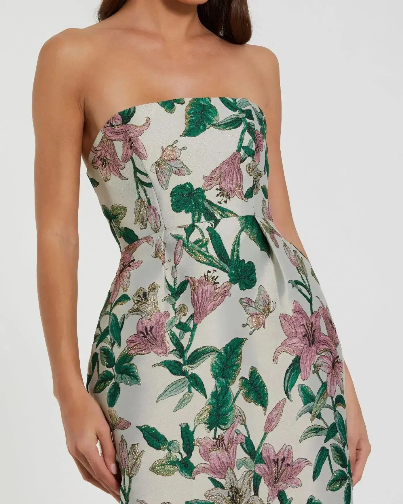 Mac Duggal Petite Floral Brocade Strapless Fitted Midi Dress