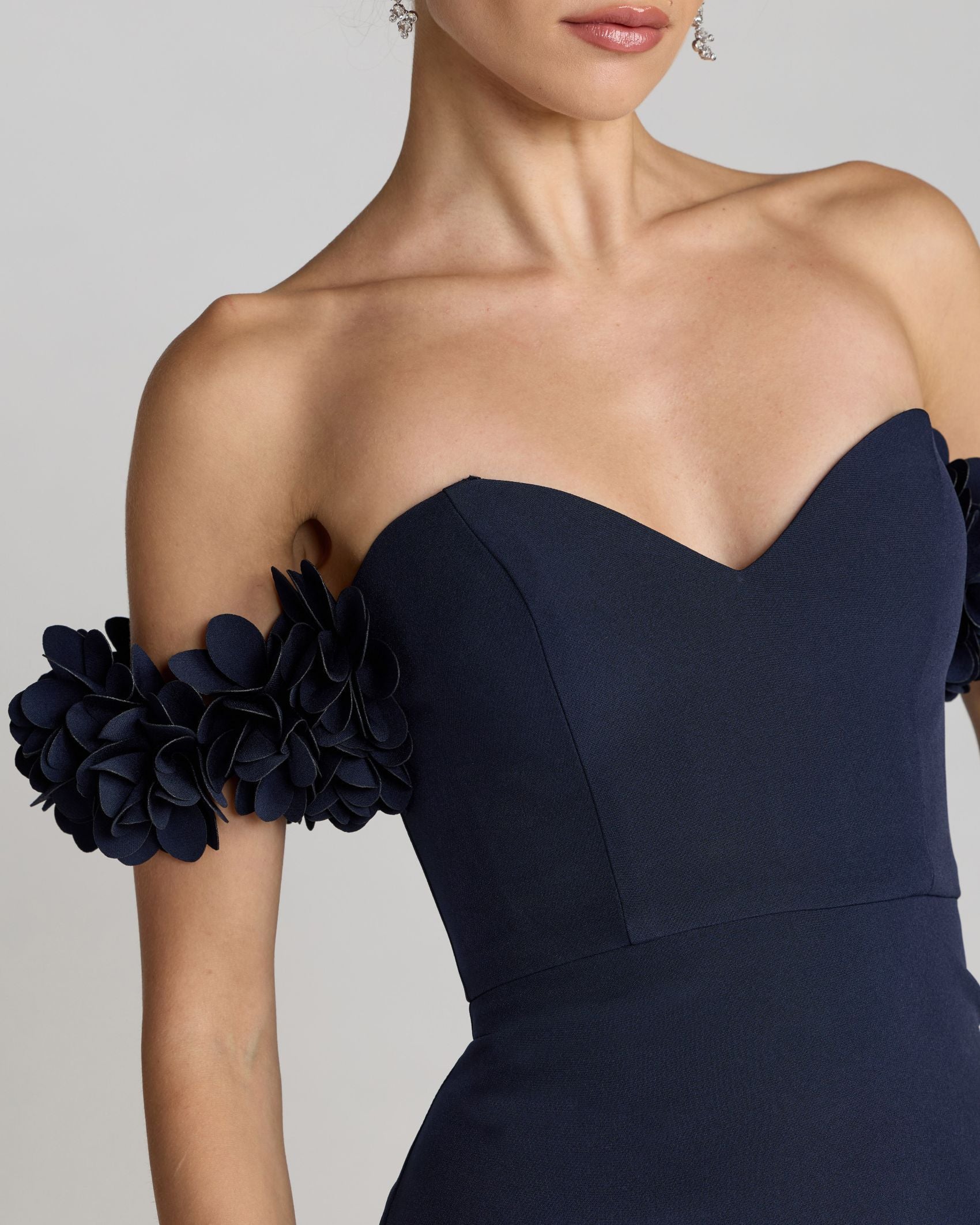 Petite Navy Crepe Off The Shoulder Gown With 3D Flowers Ieena for Mac Duggal