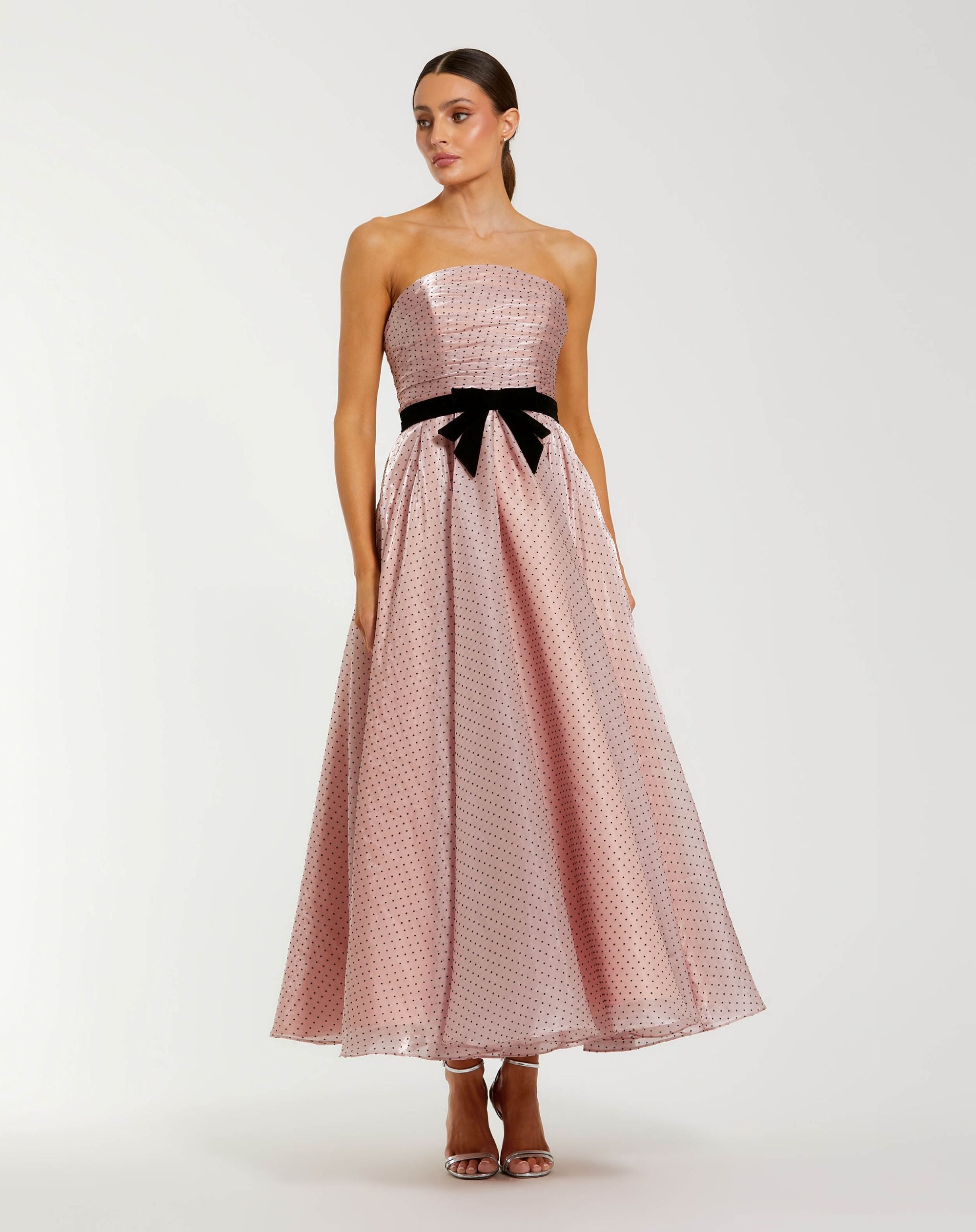 Petite Pink Polka Dot Organza Strapless Dress With Bow - Ieena for Mac Duggal