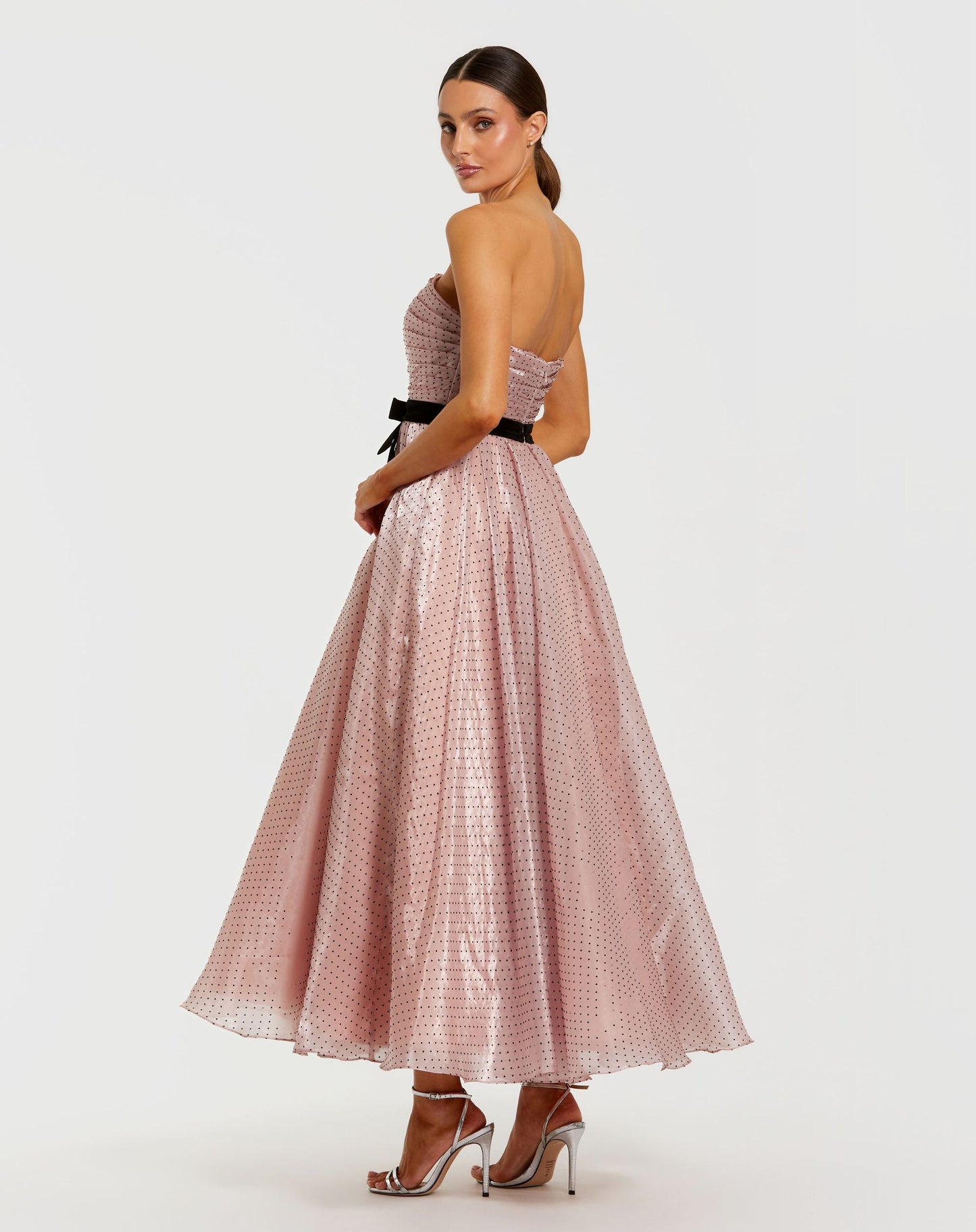 Petite Pink Polka Dot Organza Strapless Dress With Bow - Ieena for Mac Duggal