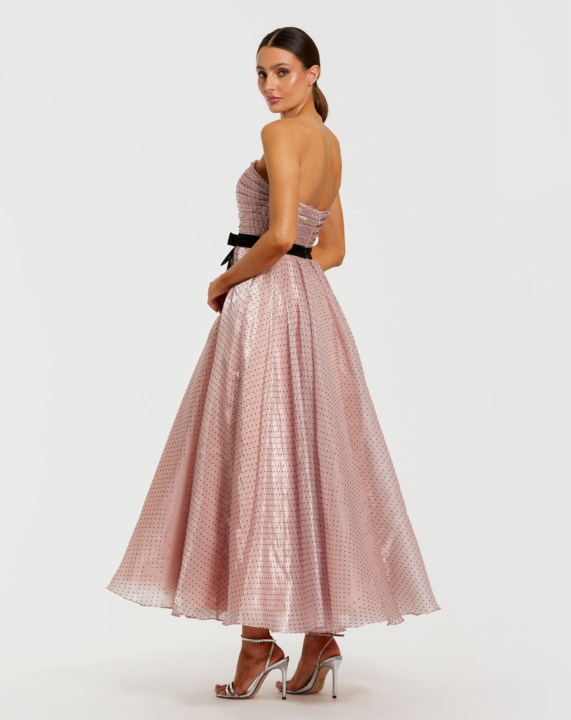 Petite Pink Polka Dot Organza Strapless Dress With Bow - Ieena for Mac Duggal