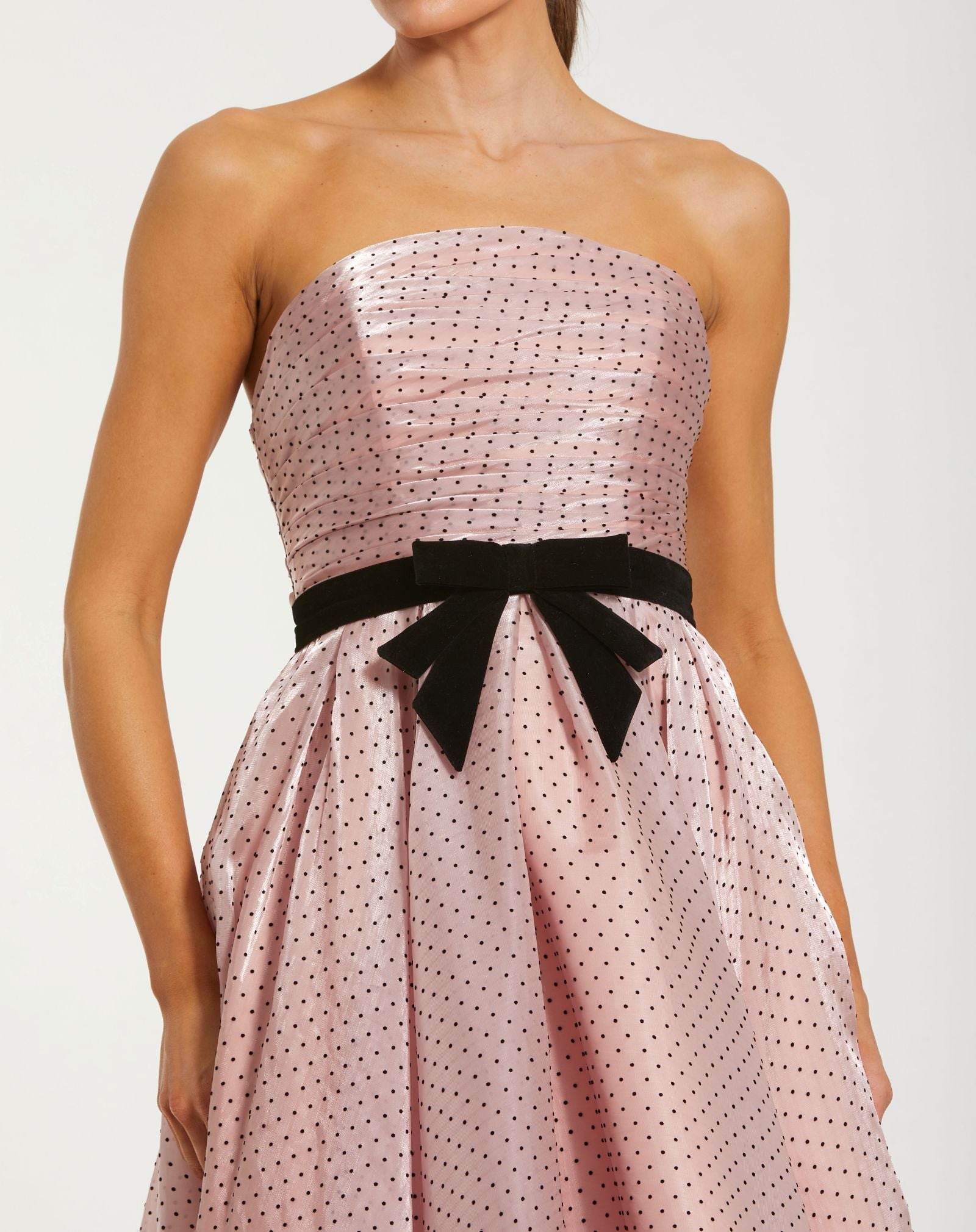 Petite Pink Polka Dot Organza Strapless Dress With Bow - Ieena for Mac Duggal