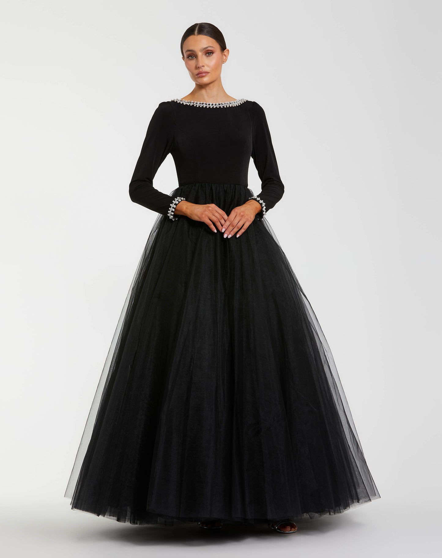 Petite Black Long Sleeve Tulle Ball Gown Ieena for Mac Duggal