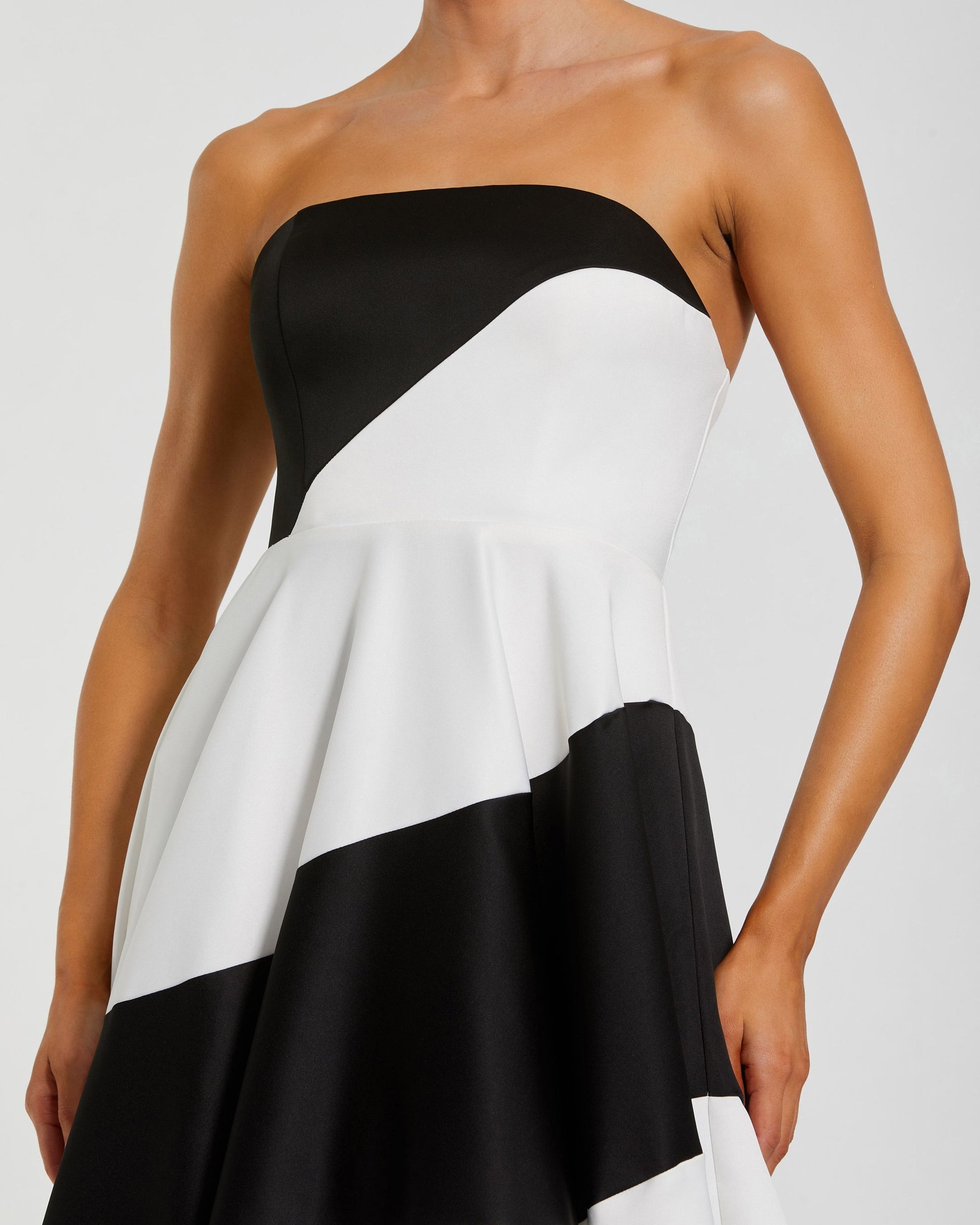 Petite Black and White Striped Satin Strapless Ball Gown Ieena for Mac Duggal