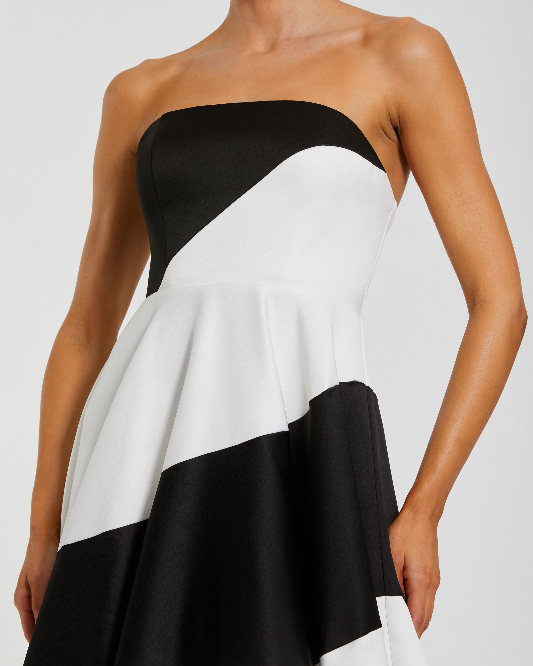 Petite Black and White Striped Satin Strapless Ball Gown Ieena for Mac Duggal