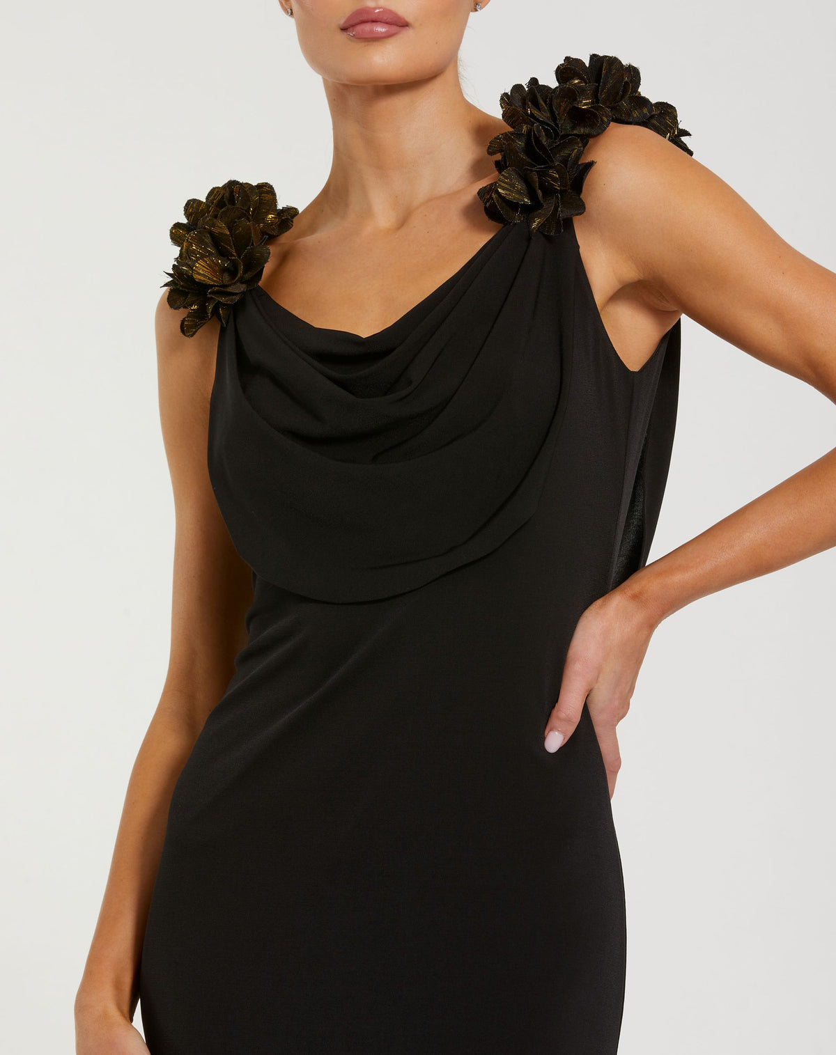 Petite Black Gold Cowl Neck Jersey Gown With 3D Flower Straps - Mac Duggal