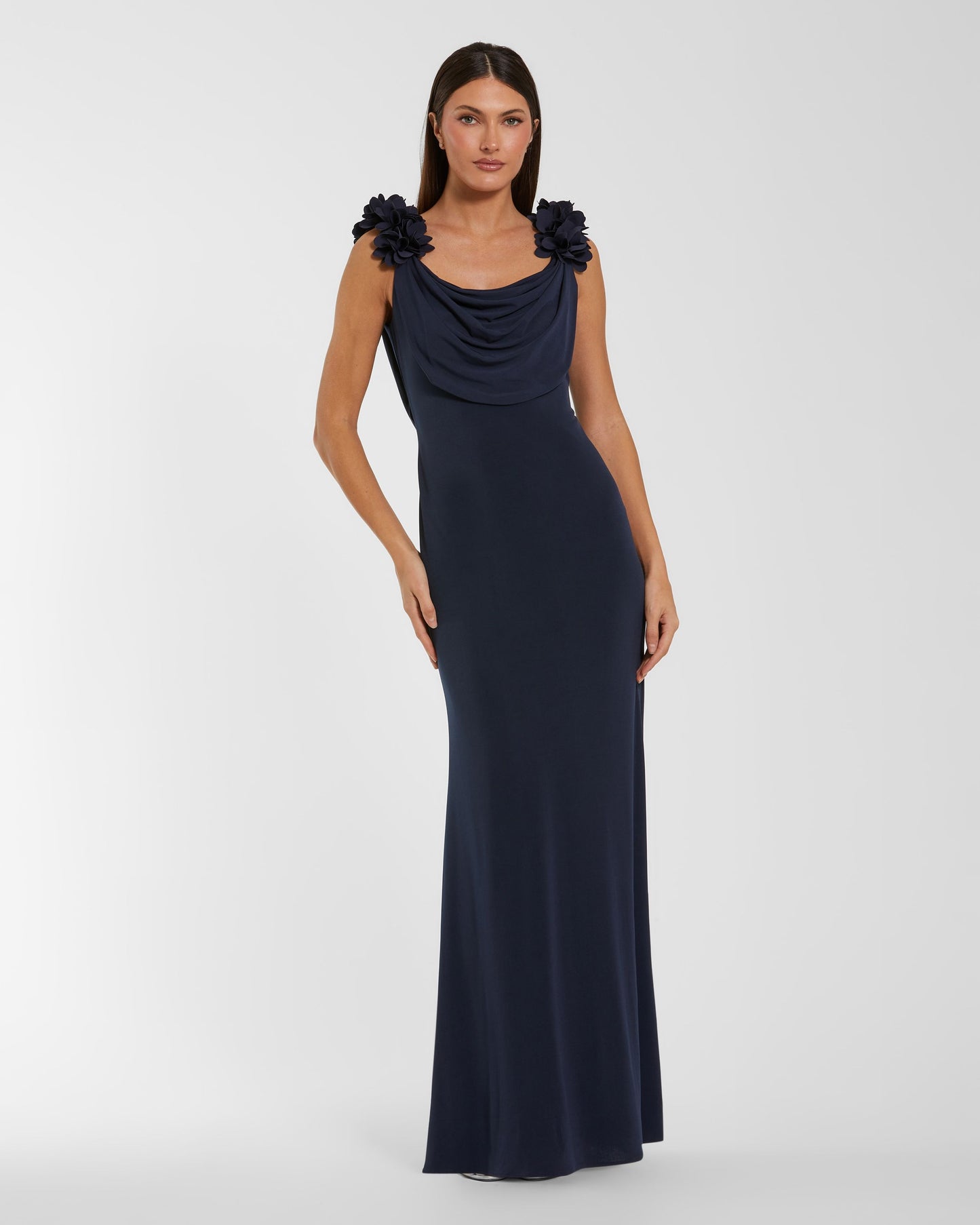 Petite Navy Cowl Neck Jersey Gown With 3D Flower Straps Mac Duggal
