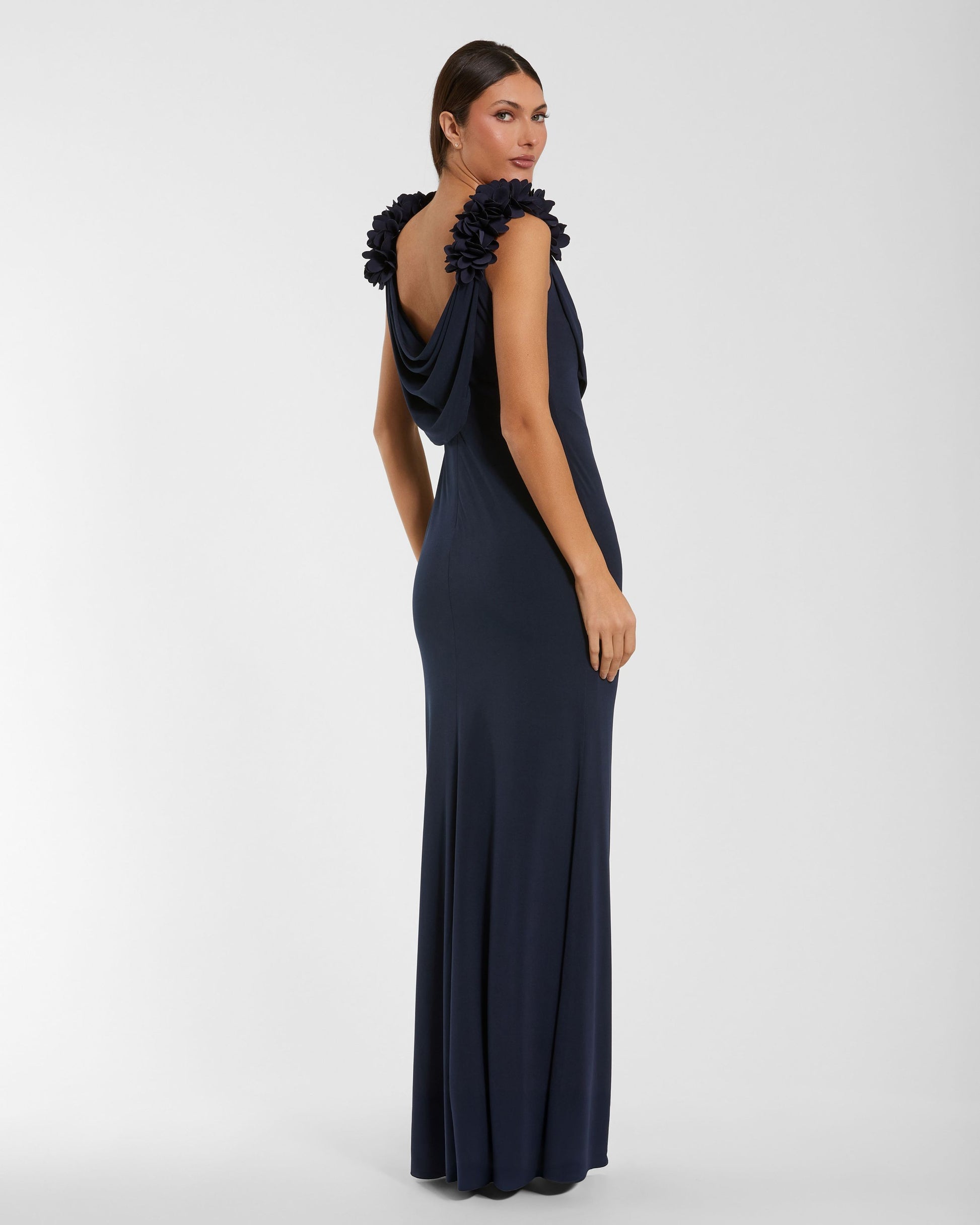 Petite Navy Cowl Neck Jersey Gown With 3D Flower Straps Mac Duggal