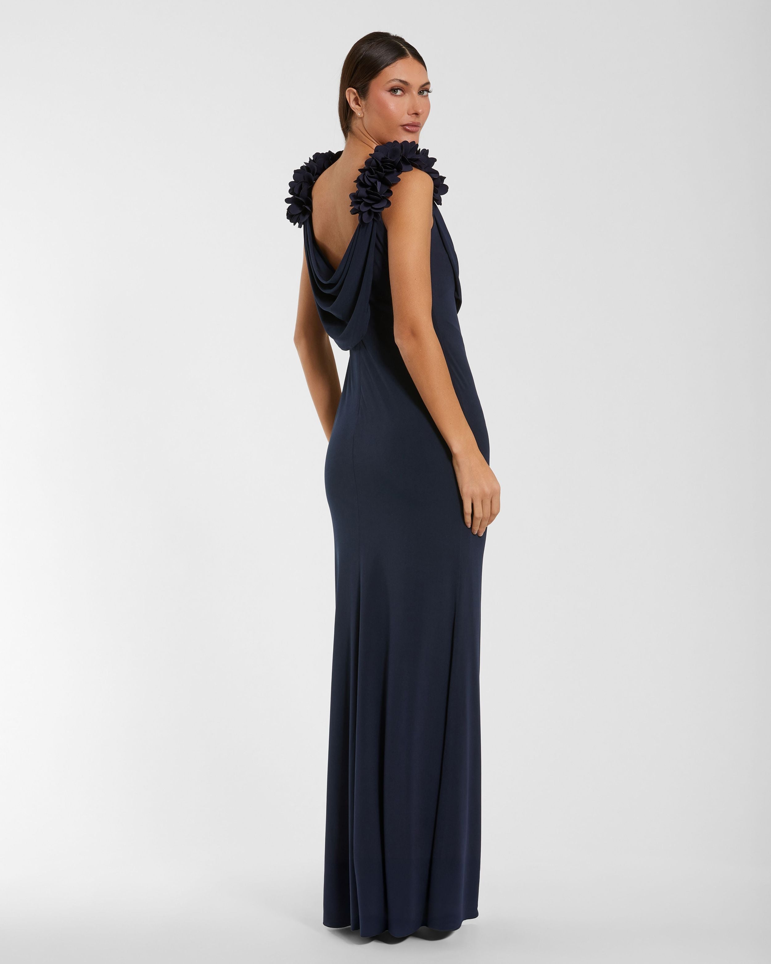 Petite Navy Cowl Neck Jersey Gown With 3D Flower Straps Mac Duggal