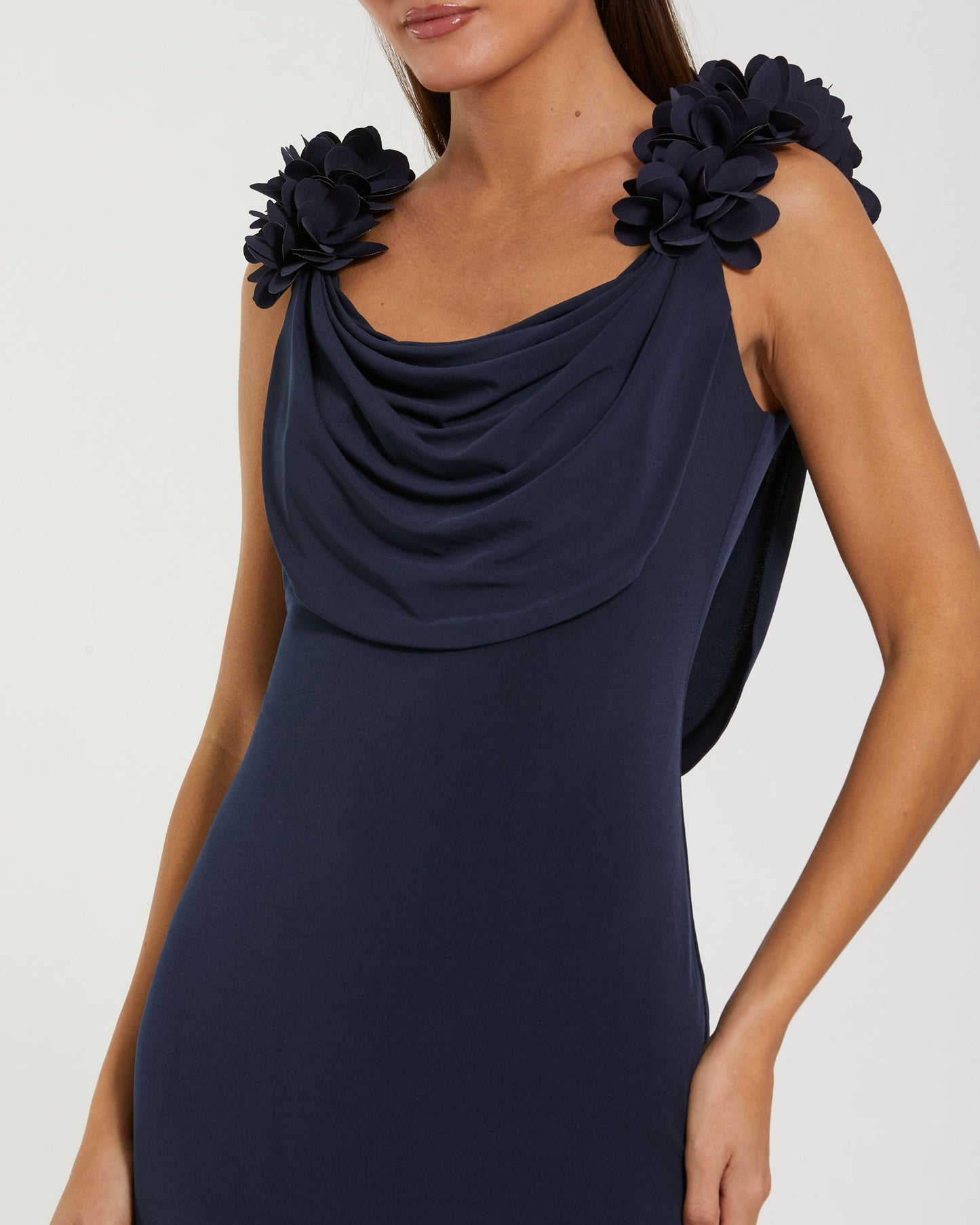 Petite Navy Cowl Neck Jersey Gown With 3D Flower Straps Mac Duggal