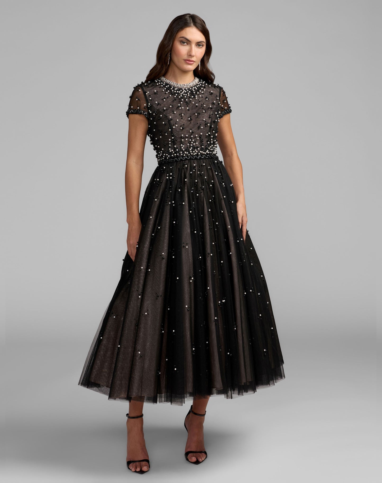 Petite Black Embellished Pearl Tulle Midi Dress - Mac Duggal