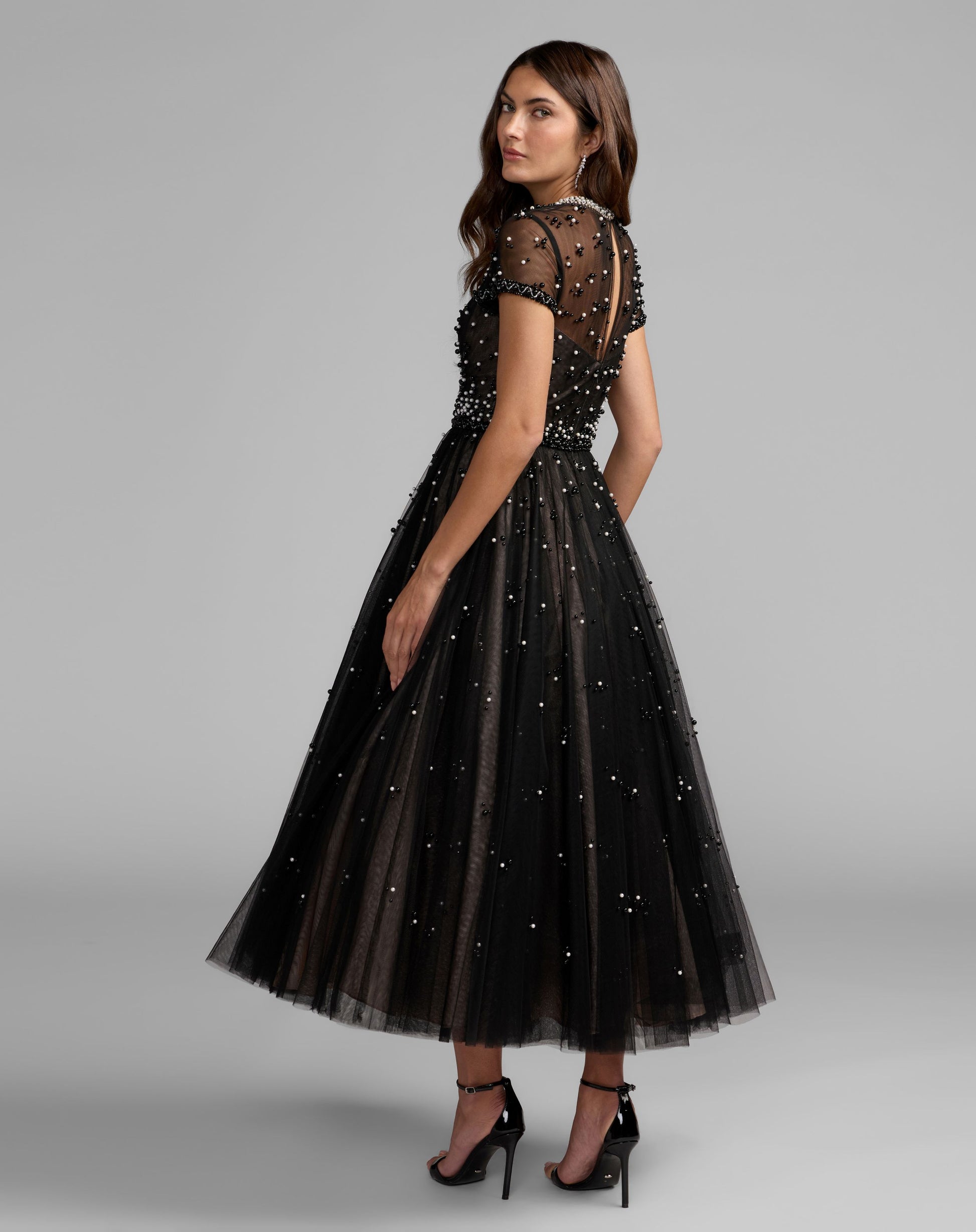 Petite Black Embellished Pearl Tulle Midi Dress - Mac Duggal