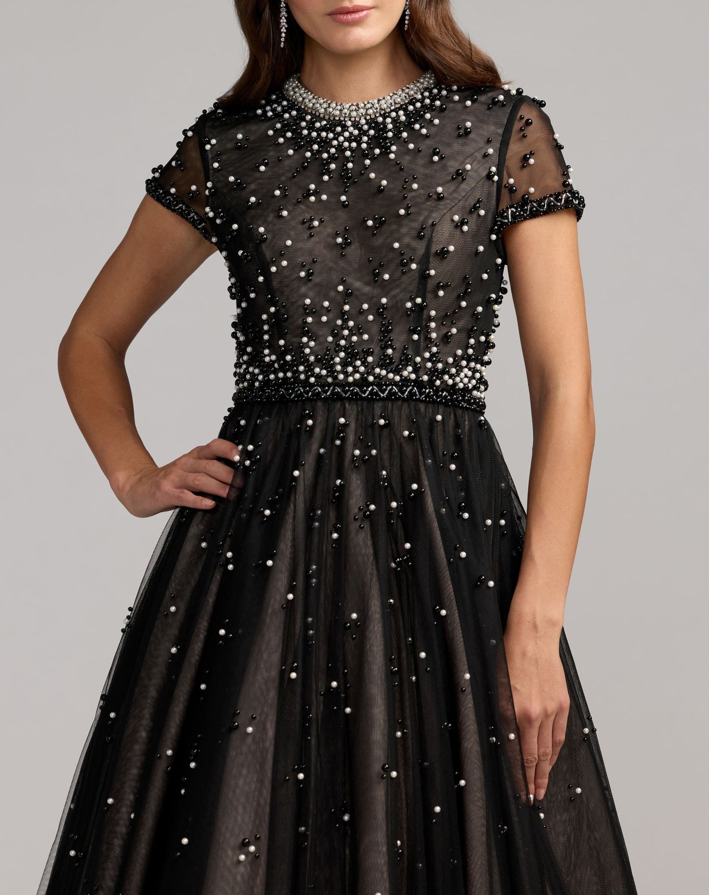 Petite Black Embellished Pearl Tulle Midi Dress - Mac Duggal