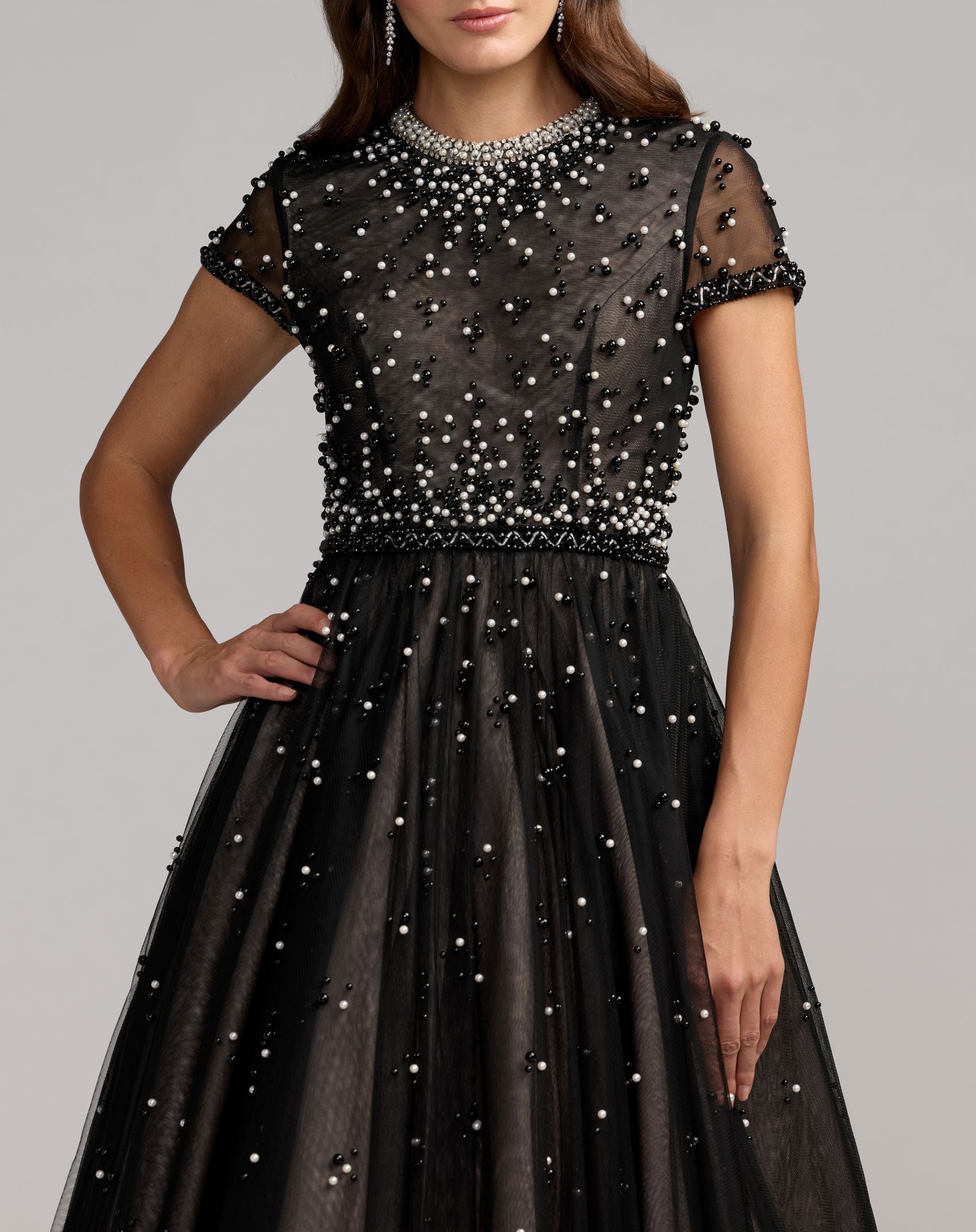 Petite Black Embellished Pearl Tulle Midi Dress - Mac Duggal