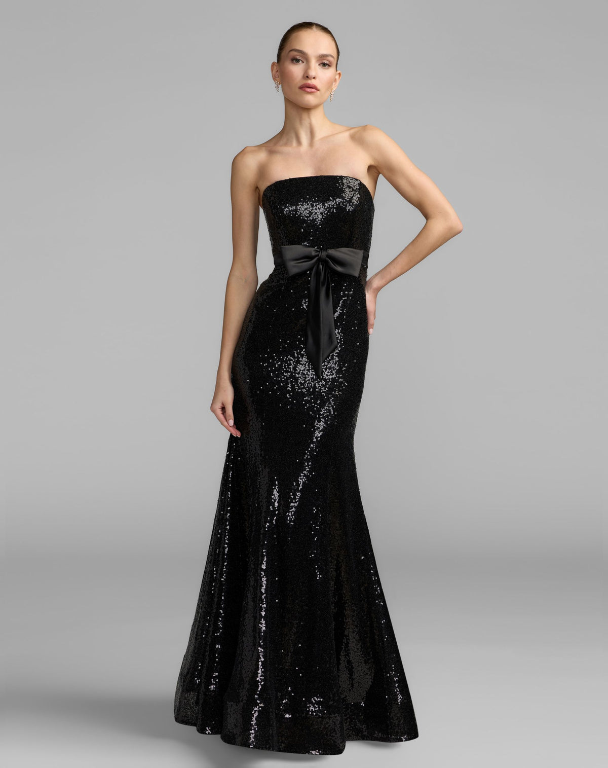 Petite Black Strapless Sequin Trumpet Gown With Bow Detail - Ieena for Mac Duggal