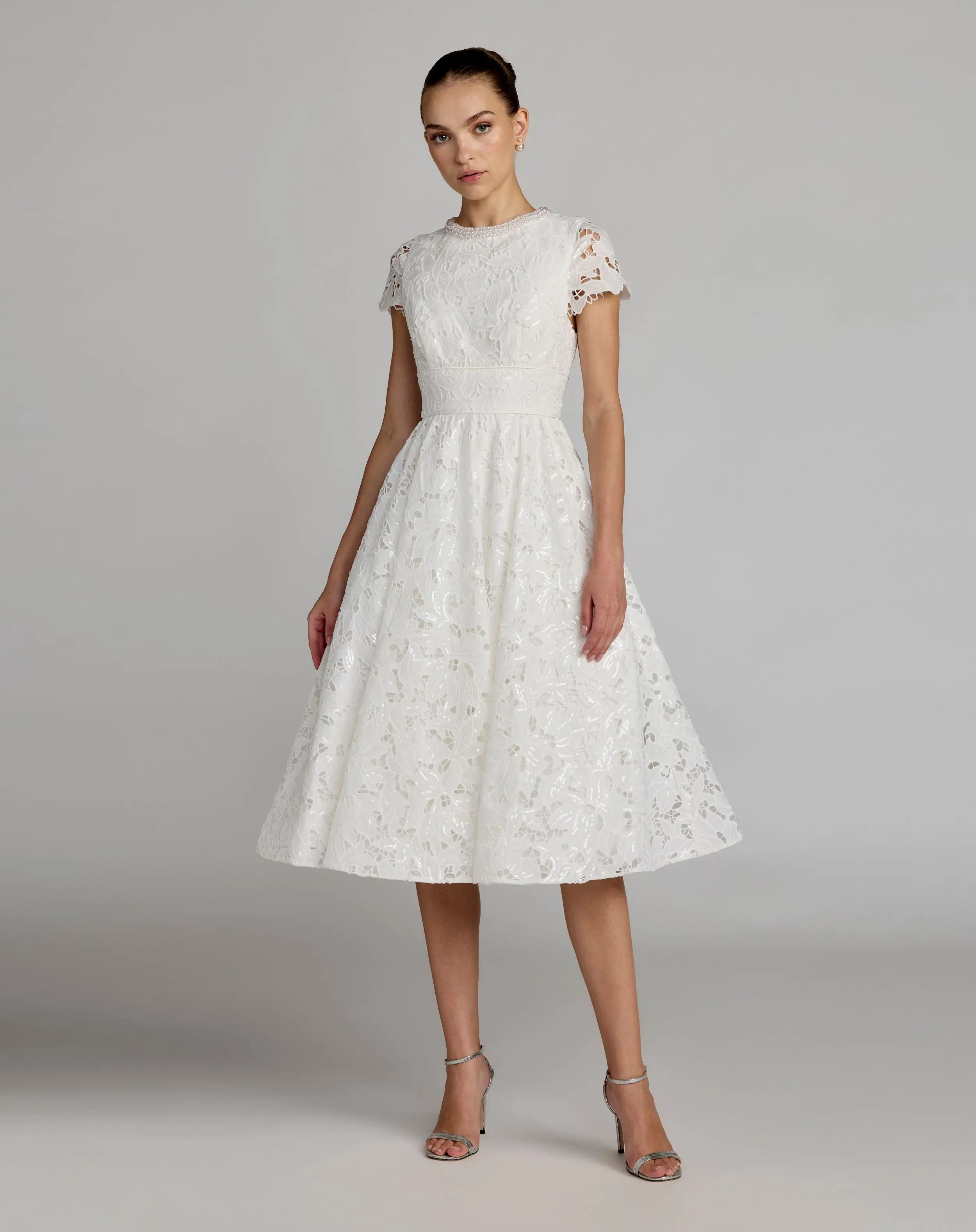 Petite White Embroidered Lace A Line Midi Dress - Ieena for Mac Duggal