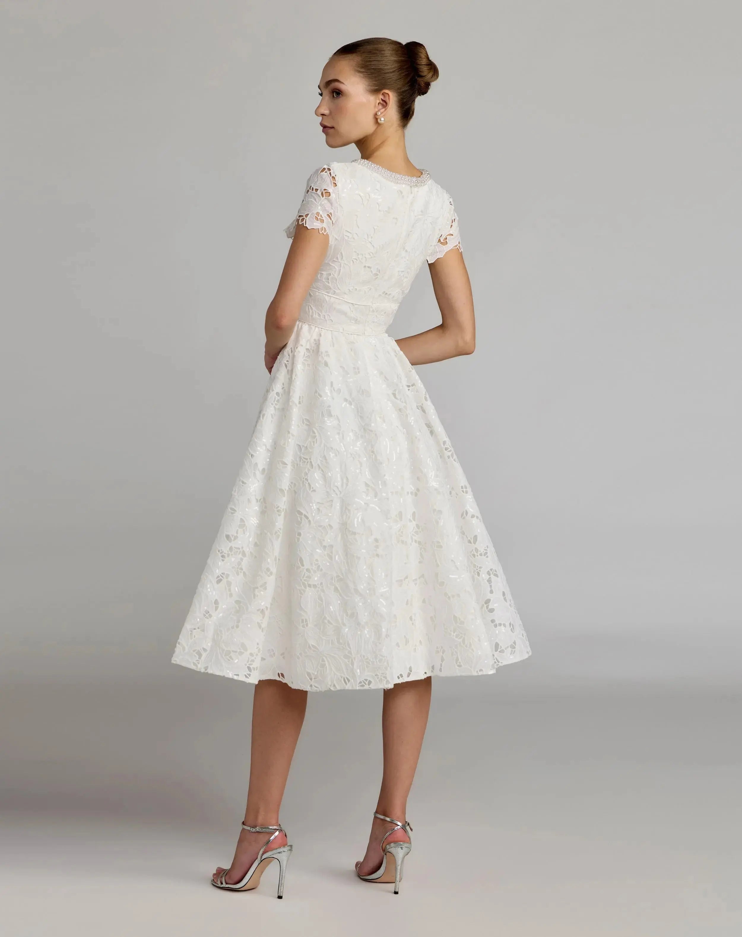 Petite White Embroidered Lace A Line Midi Dress - Ieena for Mac Duggal