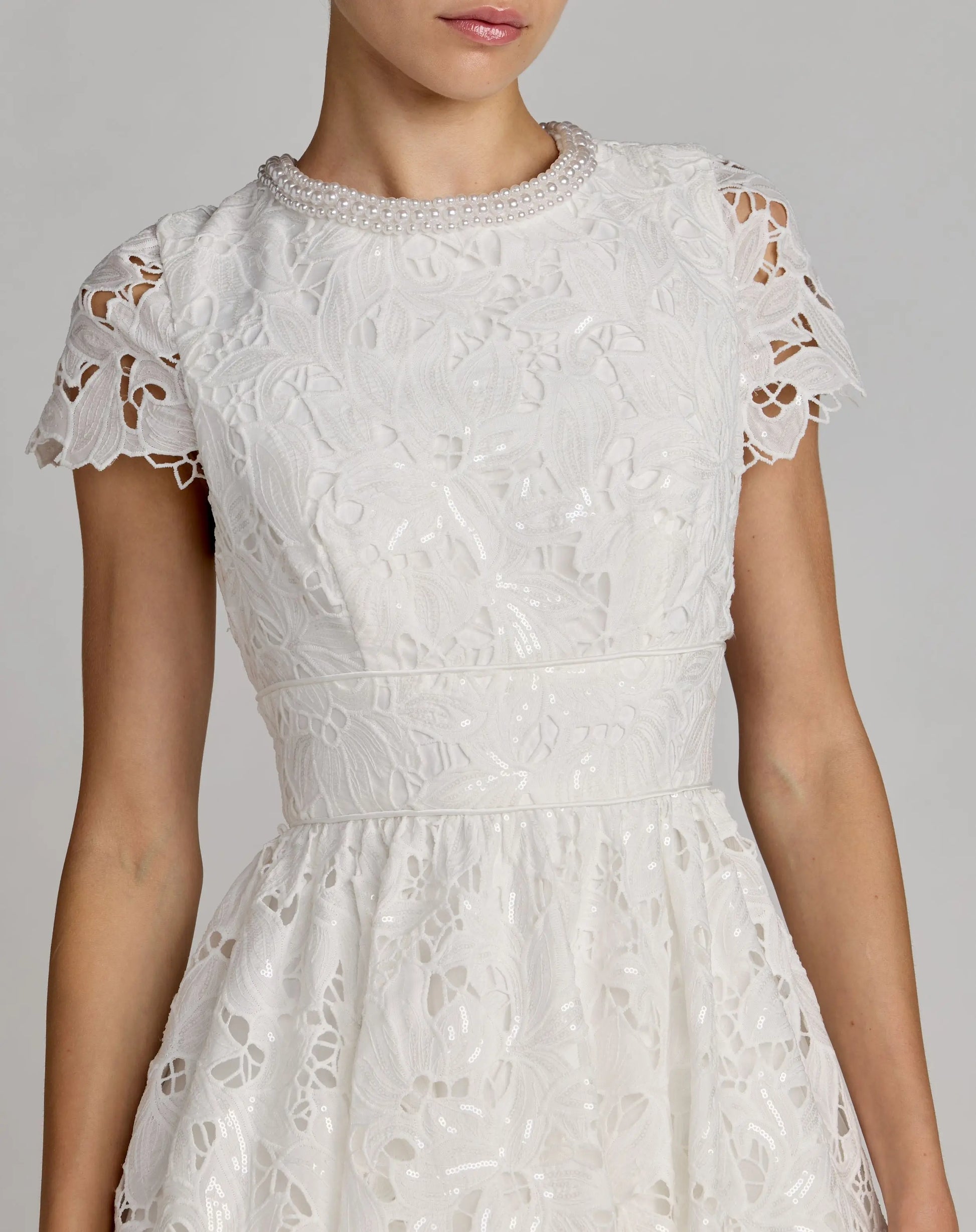 Petite White Embroidered Lace A Line Midi Dress - Ieena for Mac Duggal