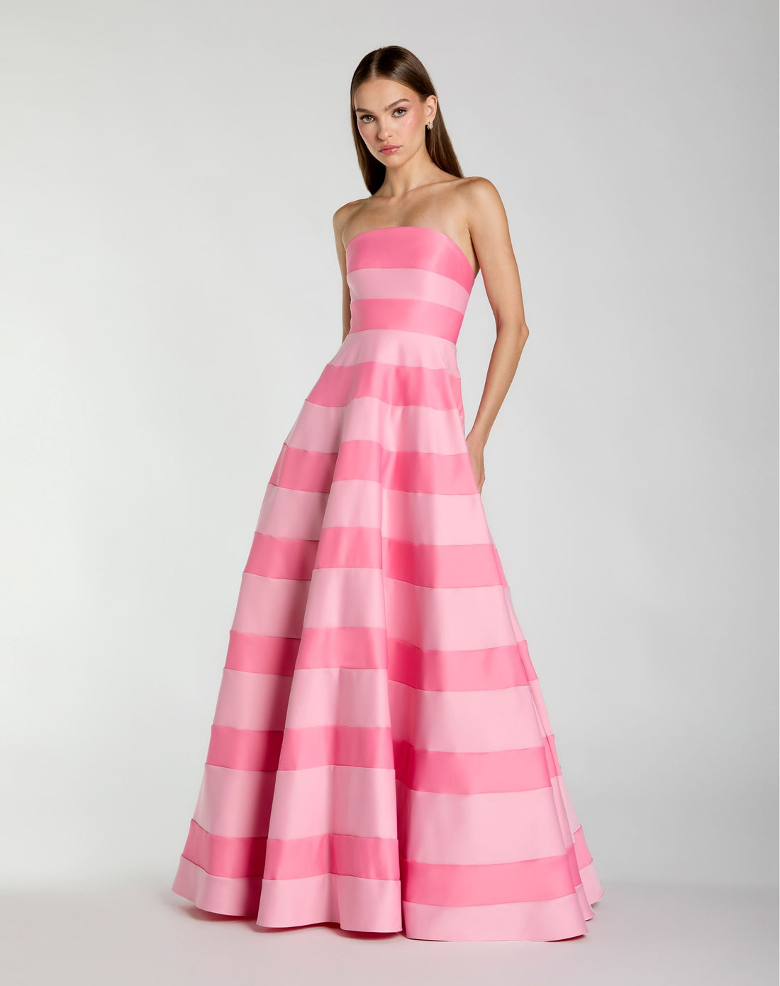 Petite Pink Striped Satin Strapless Ballgown With Pockets - Ieena for Mac Duggal