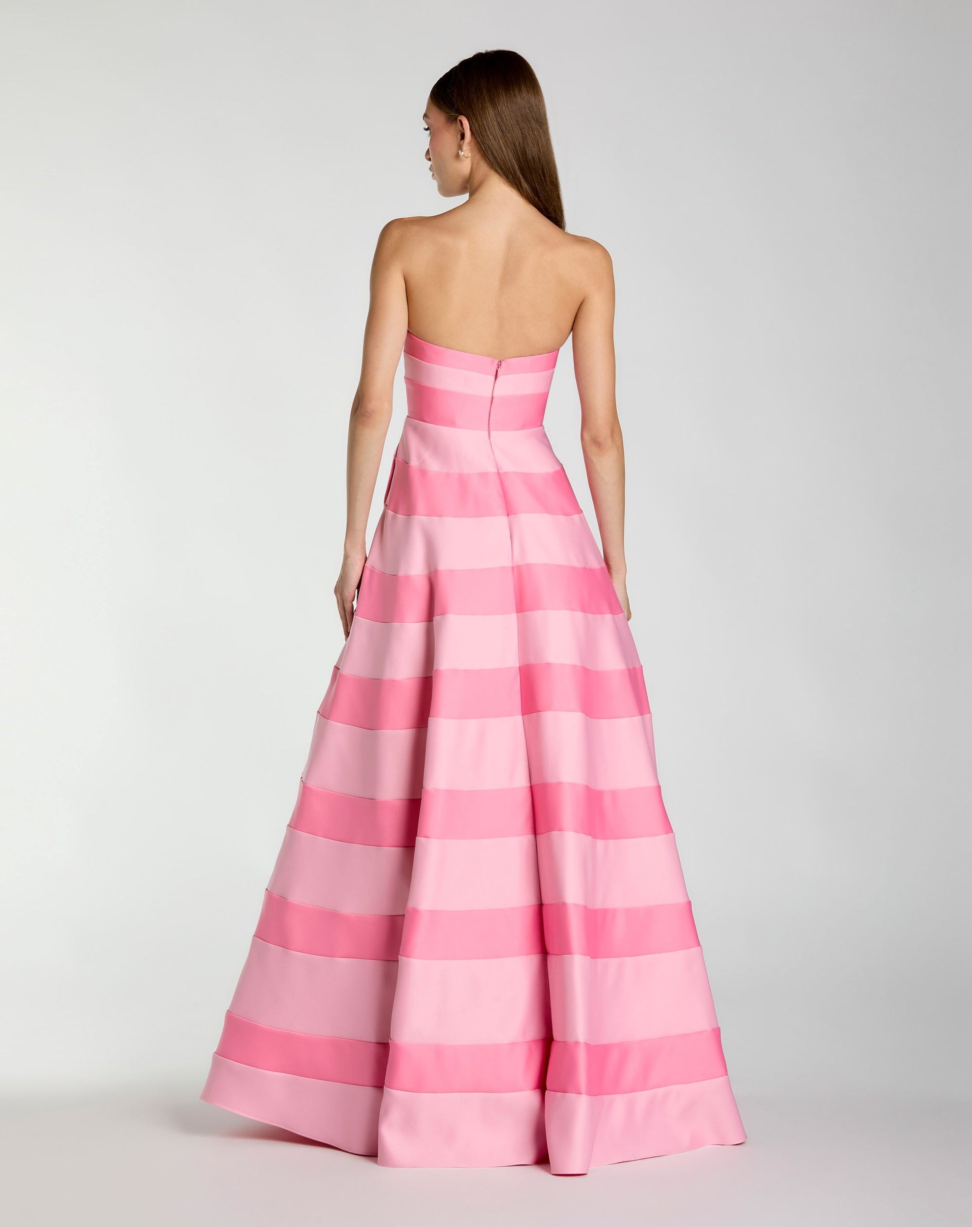 Petite Pink Striped Satin Strapless Ballgown With Pockets - Ieena for Mac Duggal