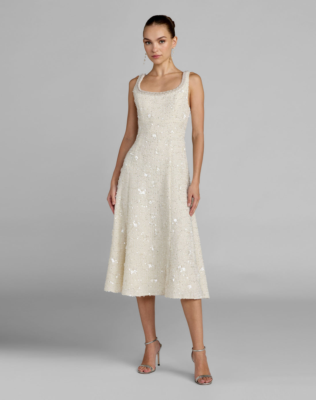 Petite Ivory Embellished Boucle Sleeveless A-Line Midi Dress - Mac Duggal