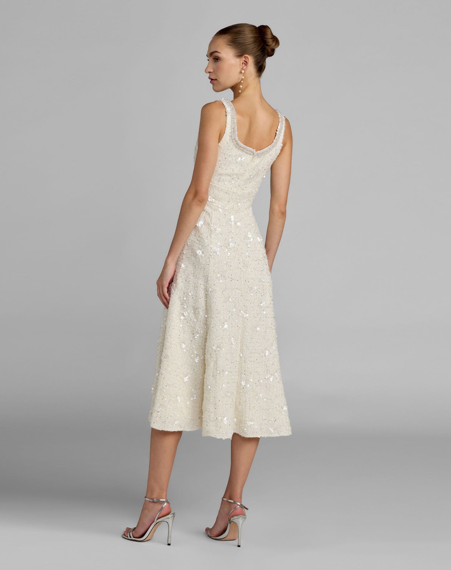 Petite Ivory Embellished Boucle Sleeveless A-Line Midi Dress - Mac Duggal