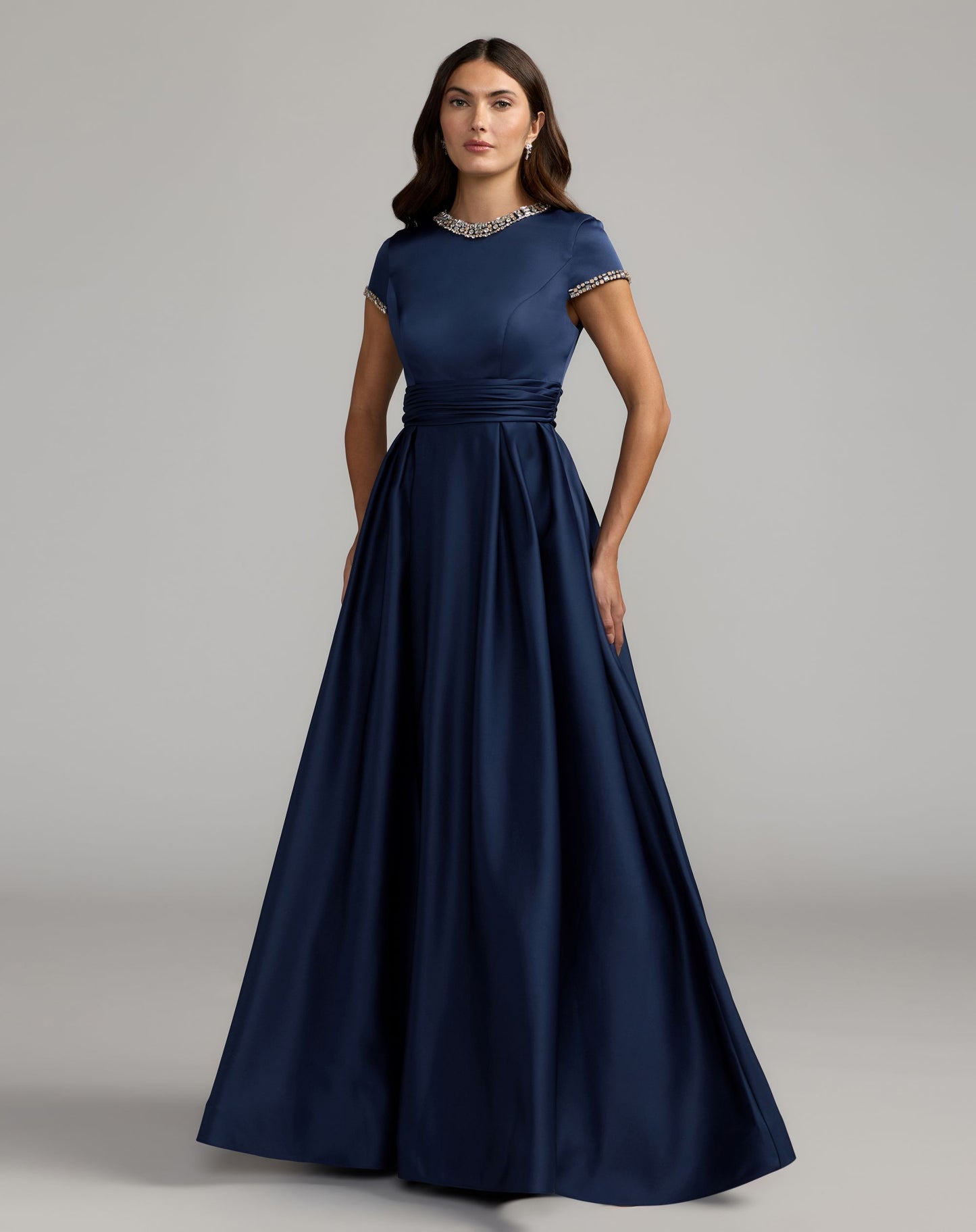 Petite Navy Embellished Satin Cap Sleeve Ball Gown - Ieena for Mac Duggal