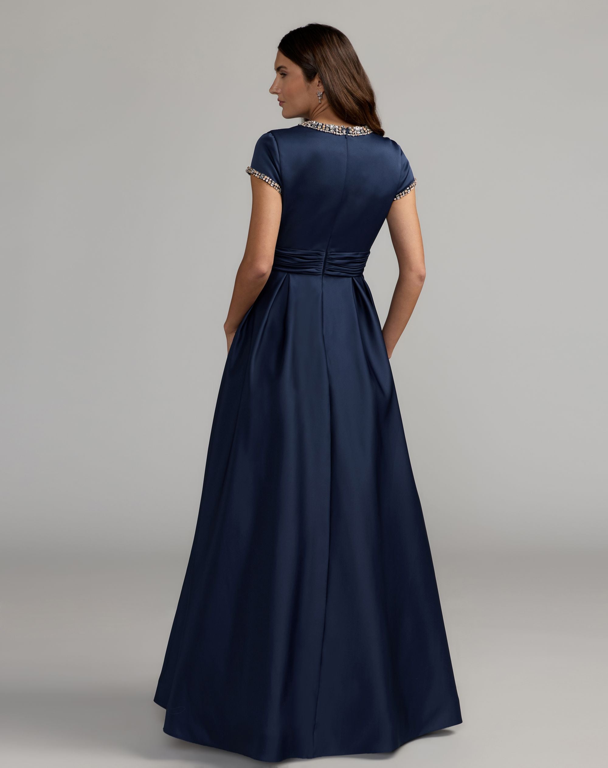 Petite Navy Embellished Satin Cap Sleeve Ball Gown - Ieena for Mac Duggal