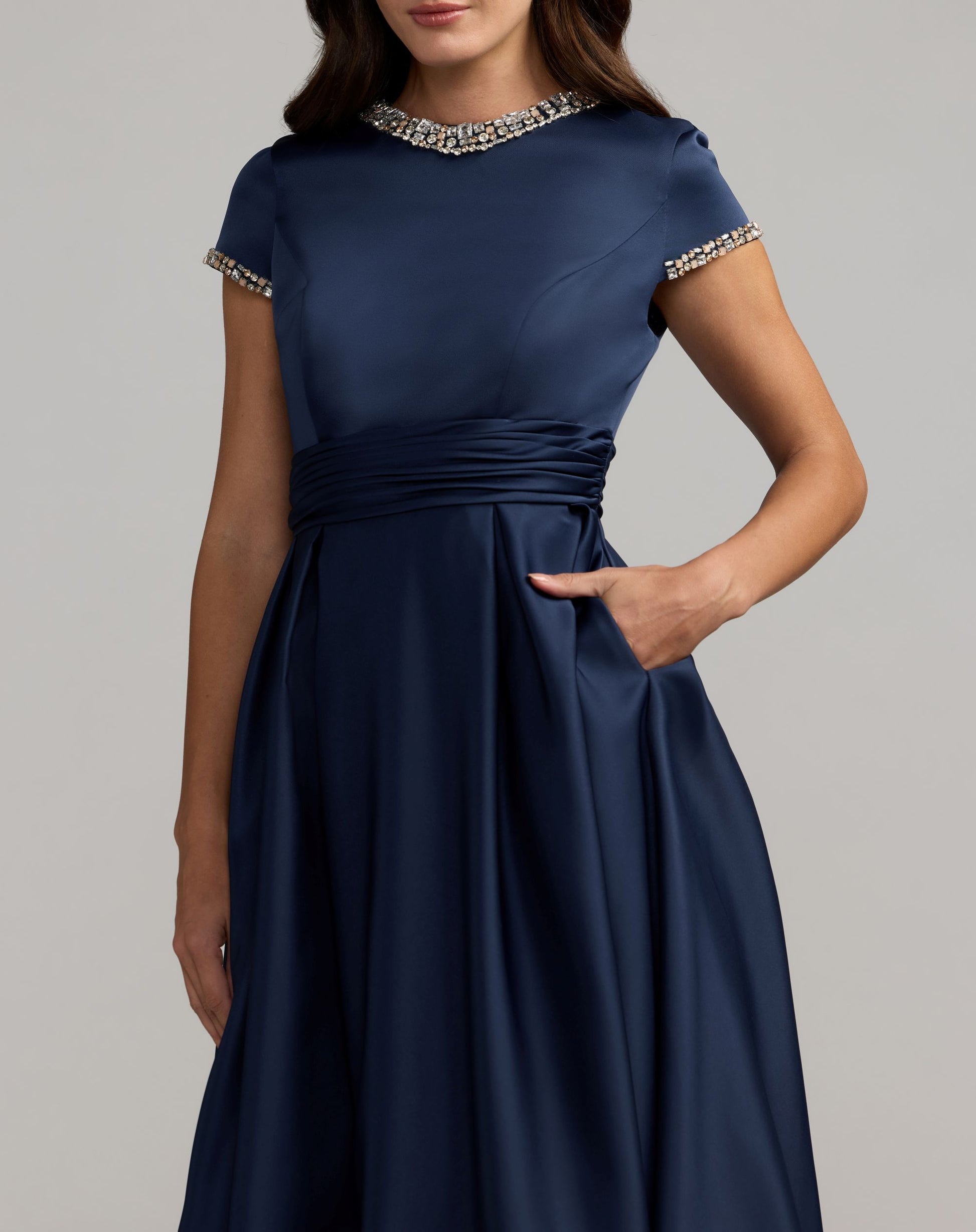 Petite Navy Embellished Satin Cap Sleeve Ball Gown - Ieena for Mac Duggal