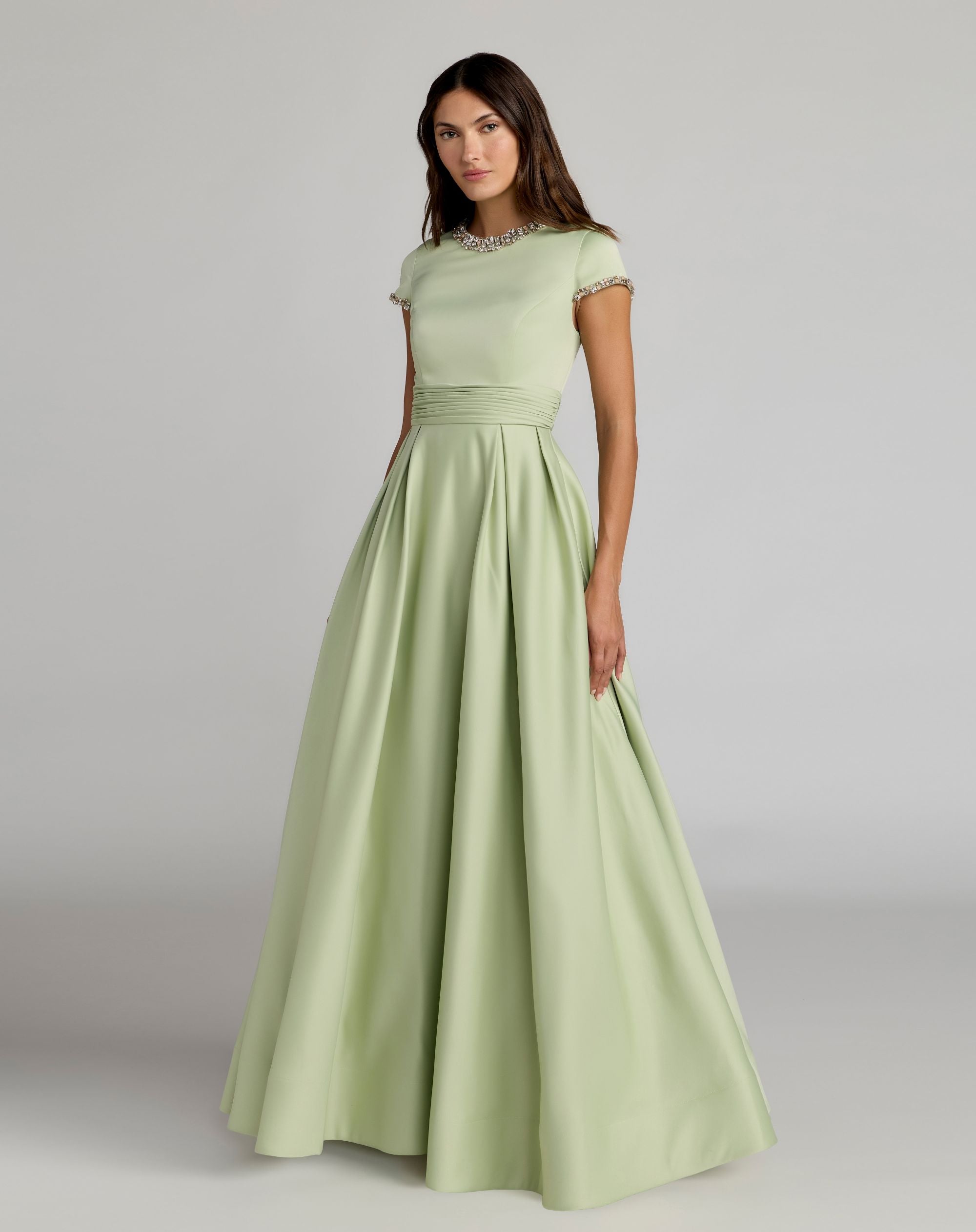 Petite Green Embellished Satin Cap Sleeve Ball Gown - Ieena for Mac Duggal 