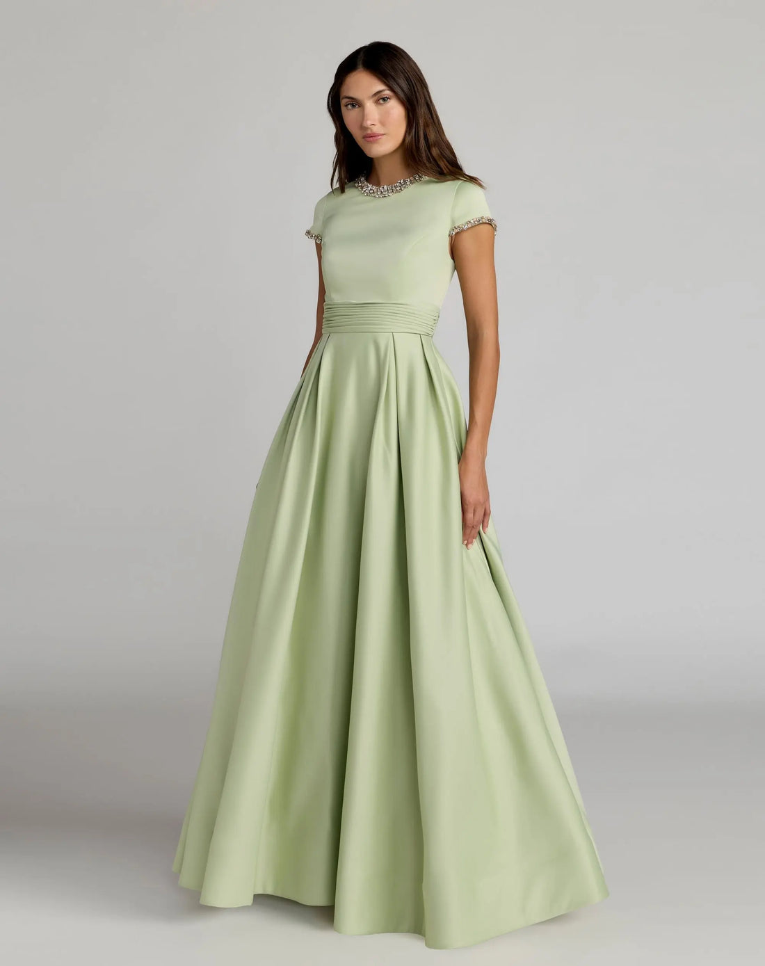 Petite Green Embellished Satin Cap Sleeve Ball Gown | Mac Duggal Petite Green Embellished Satin Cap Sleeve Ball Gown | Mac Duggal